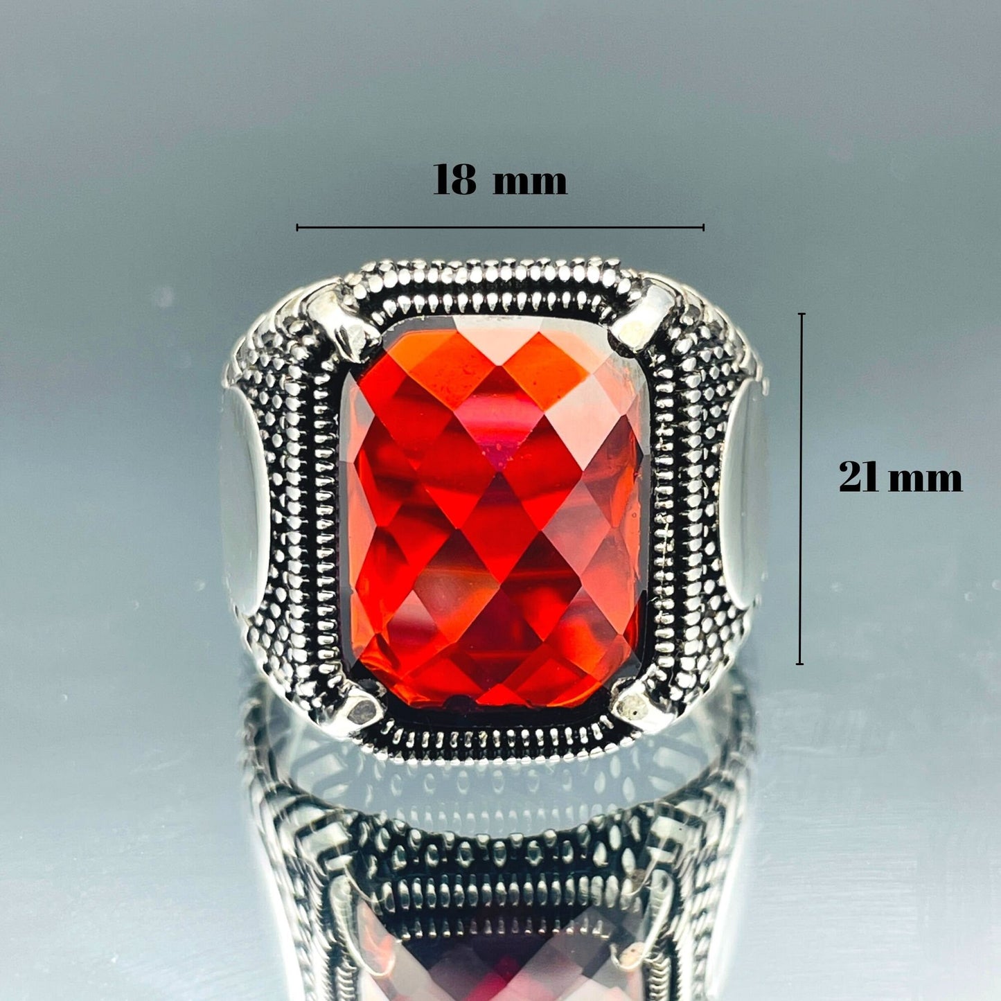 Zircon Ring Men, Red Squared Stone Ring, Turkish Handmade Ring, 925k Sterling Silver Ring, Ottoman Stlye Ring, Mens Jewelry, Gift for Him