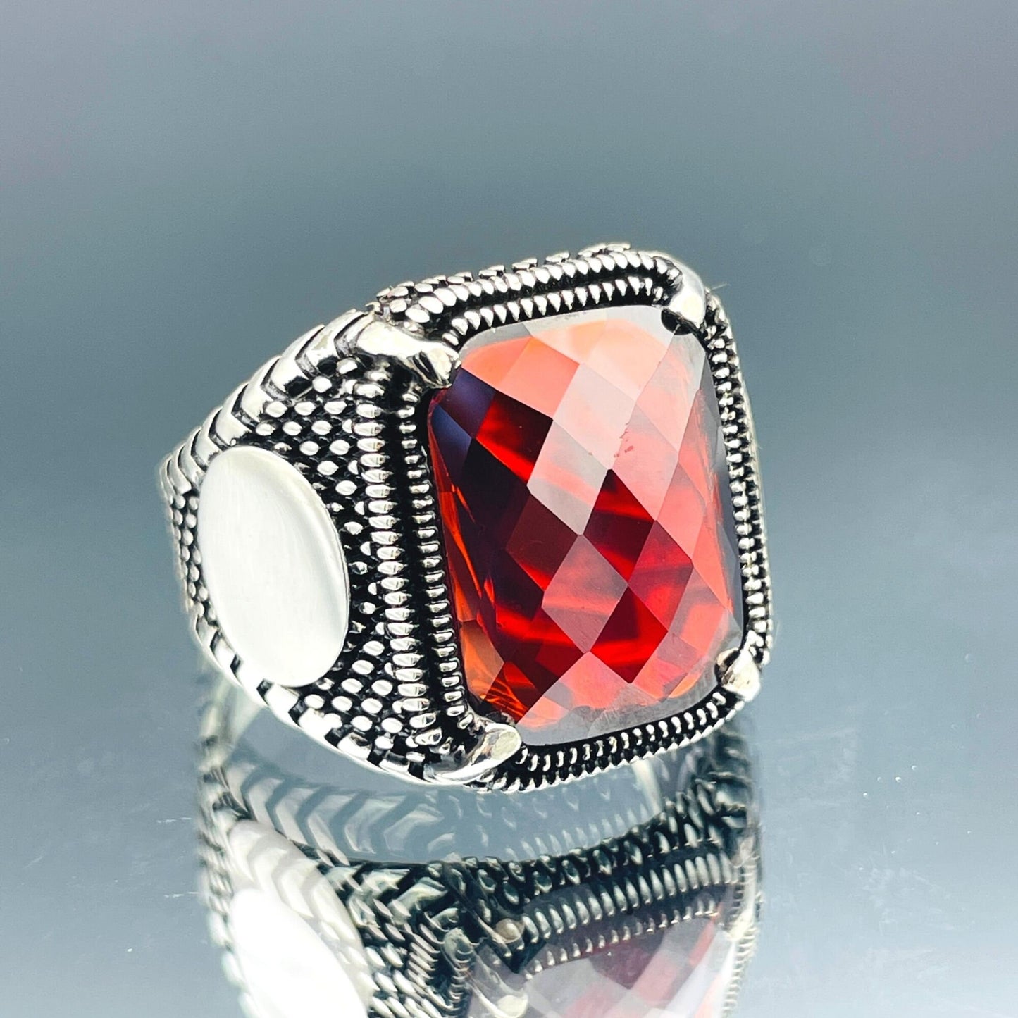 Zircon Ring Men, Red Squared Stone Ring, Turkish Handmade Ring, 925k Sterling Silver Ring, Ottoman Stlye Ring, Mens Jewelry, Gift for Him