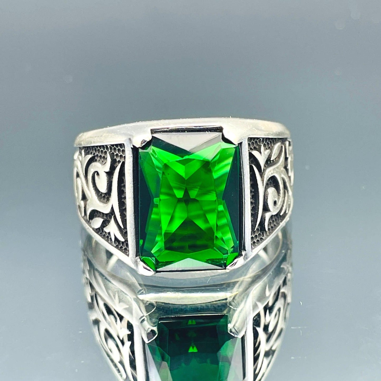 Mens Green Emerald Square Stone Ring, Turkish Handmade Ring, 925 Sterling Silver Ring, Ottoman Style Ring, Mens Jewelry, Gift For Him