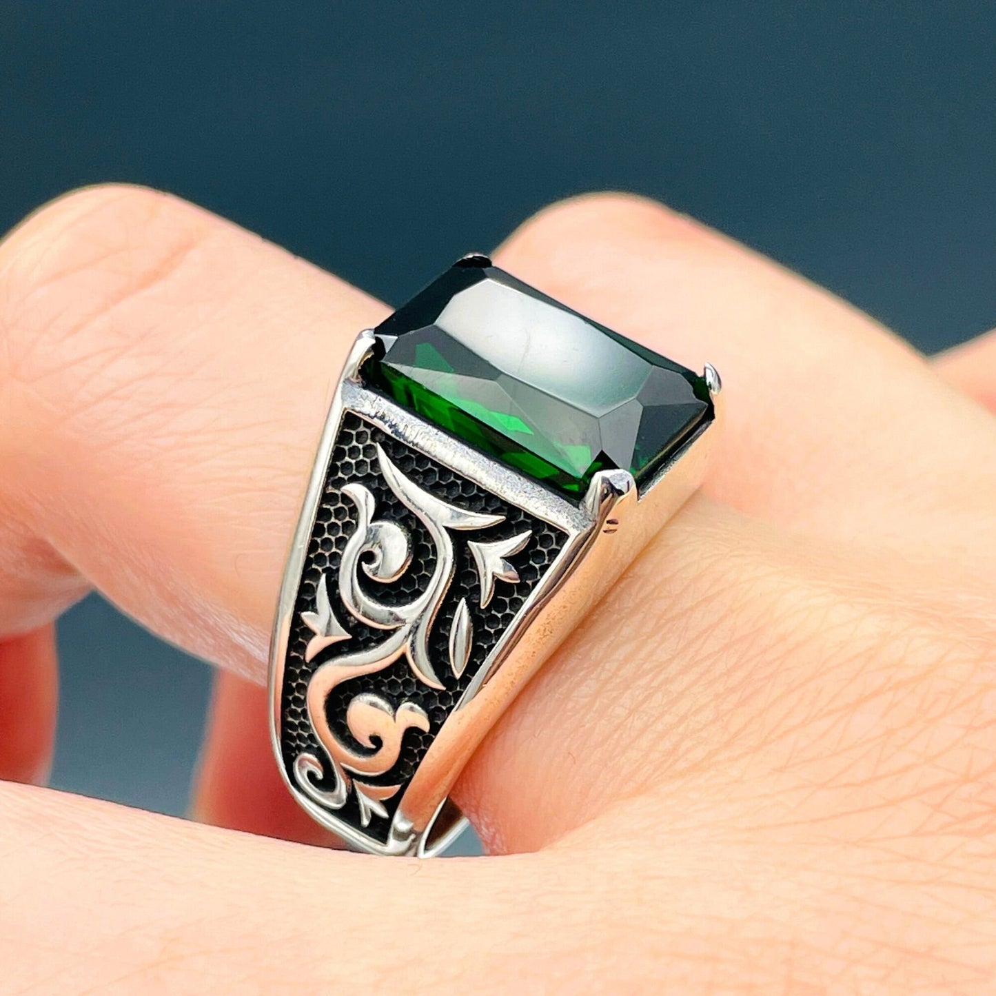 Mens Green Emerald Square Stone Ring, Turkish Handmade Ring, 925 Sterling Silver Ring, Ottoman Style Ring, Mens Jewelry, Gift For Him