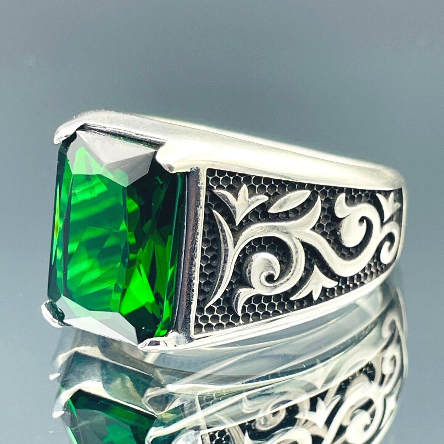 Mens Green Emerald Square Stone Ring, Turkish Handmade Ring, 925 Sterling Silver Ring, Ottoman Style Ring, Mens Jewelry, Gift For Him