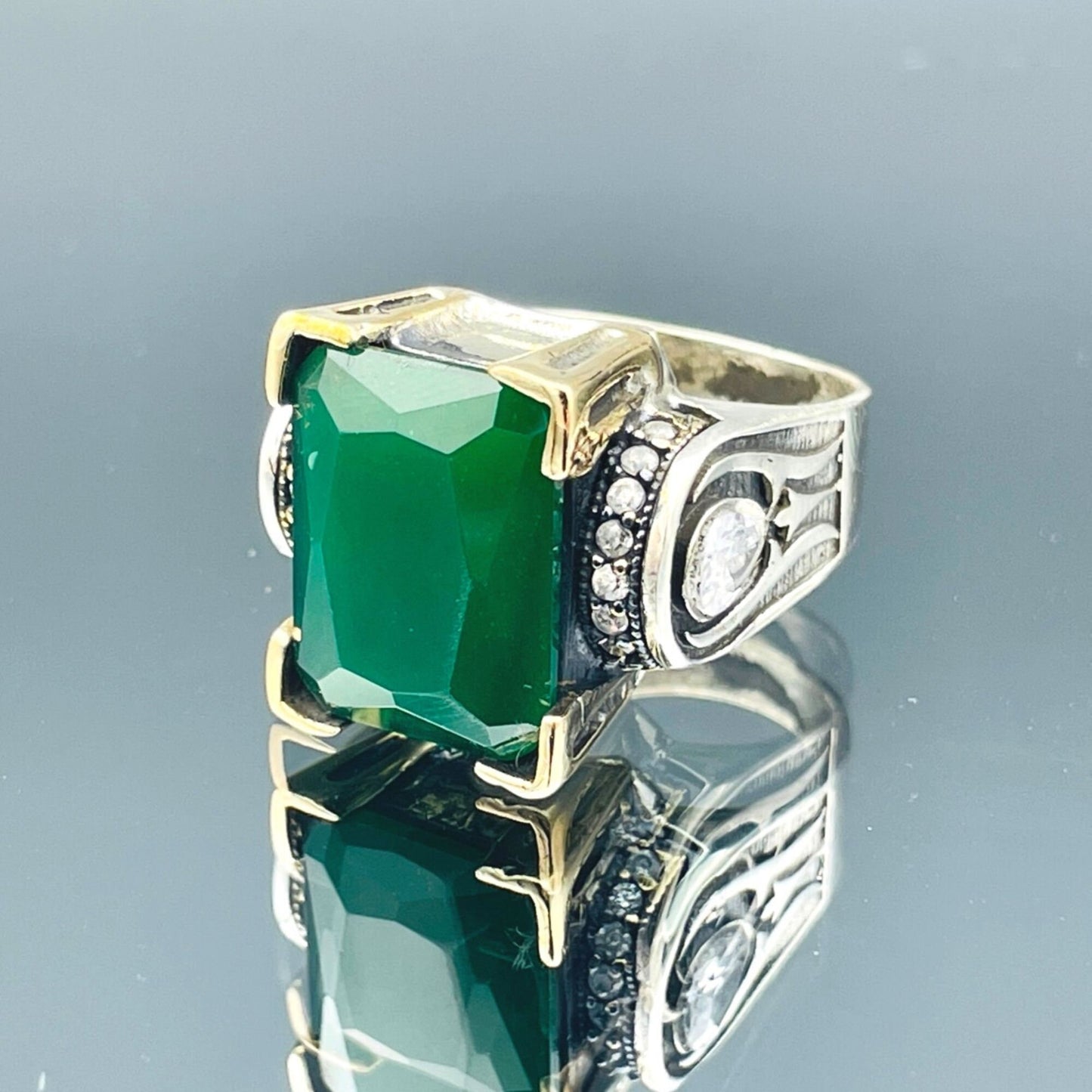 Women's Square Green Agate Stone Silver Ring, Handmade Ladies Ring, Authentic Ring, Ottoman Ring, Womens Silver Jewelry,925k Sterling Silver