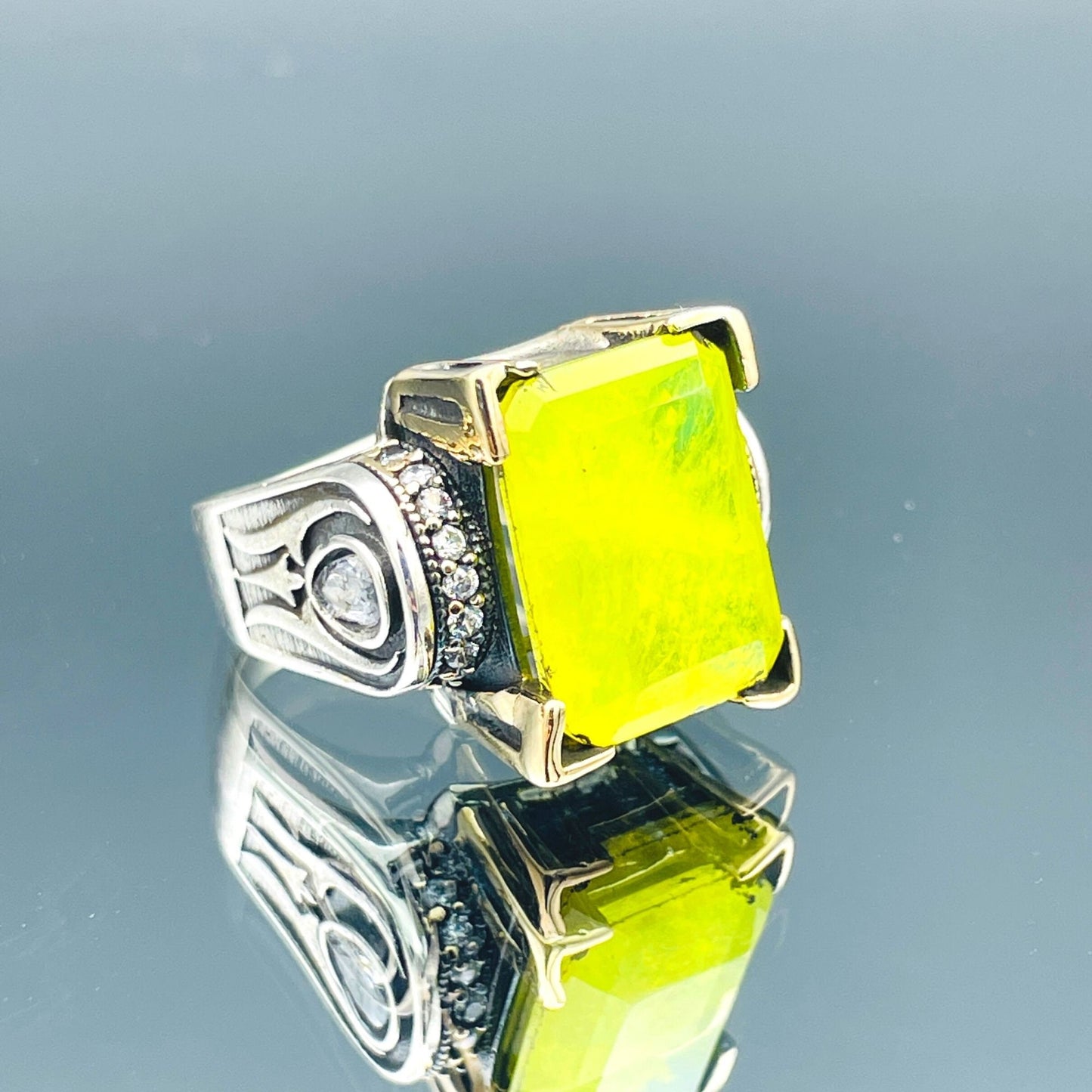 Women's Square Yellow Tourmaline Stone Silver Ring, Handmade Ladies Ring, Authentic Ring, Ottoman Ring, Womens Jewelry, 925k Sterling Silver