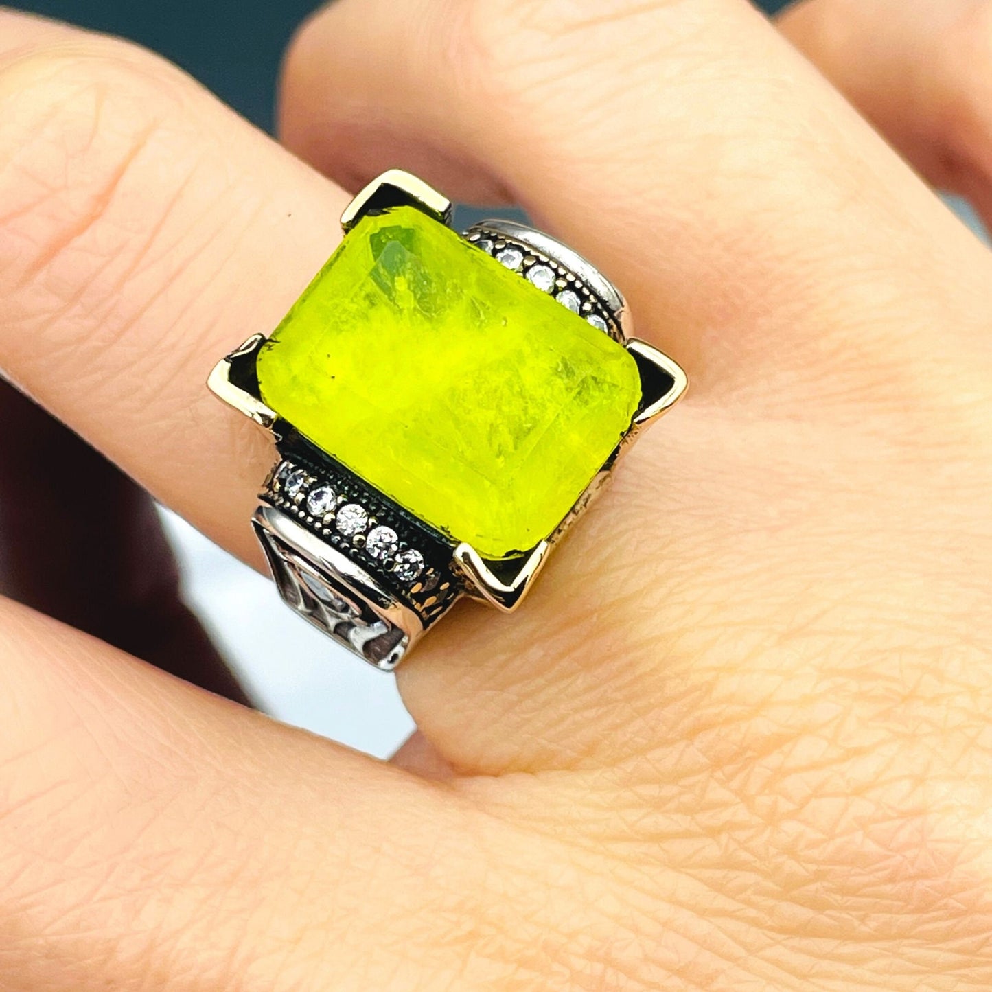 Women's Square Yellow Tourmaline Stone Silver Ring, Handmade Ladies Ring, Authentic Ring, Ottoman Ring, Womens Jewelry, 925k Sterling Silver