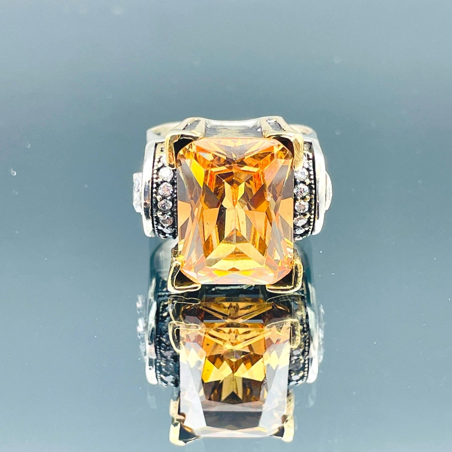 Women's Square Champagne Citrine Stone Silver Ring, Handmade Ladies Ring, Authentic Ring, Ottoman Ring, Womens Jewelry, 925k Sterling Silver