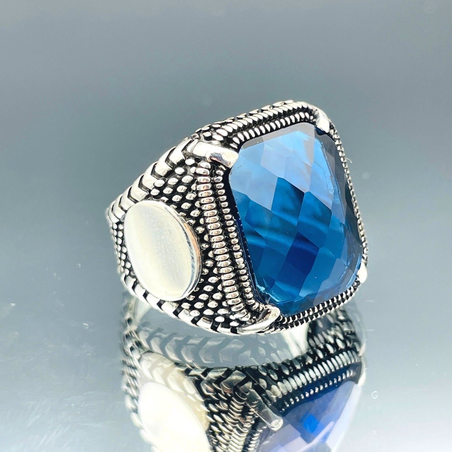 Zircon Ring Men, Blue Squared Stone Ring, Turkish Handmade Ring, 925k Sterling Silver Ring, Ottoman Stlye Ring, Mens Jewelry, Gift for Him