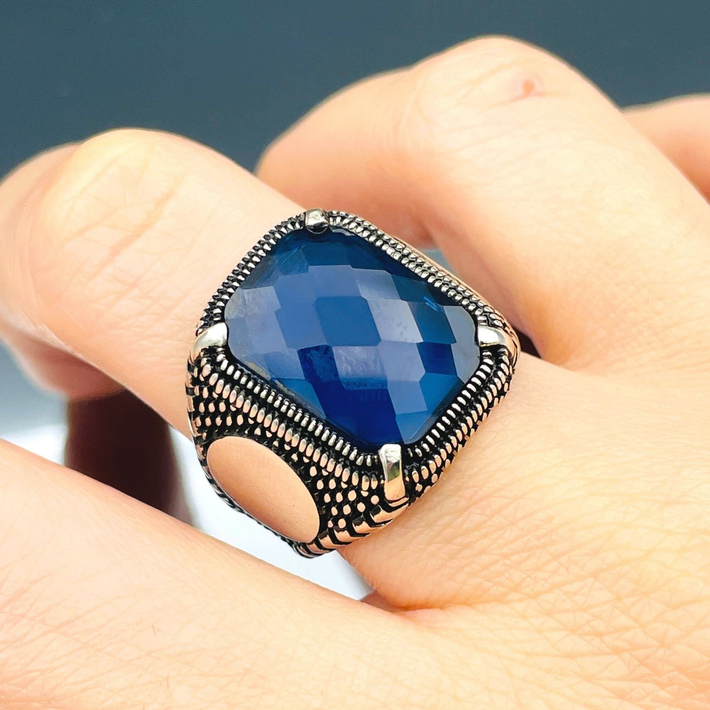 Zircon Ring Men, Blue Squared Stone Ring, Turkish Handmade Ring, 925k Sterling Silver Ring, Ottoman Stlye Ring, Mens Jewelry, Gift for Him