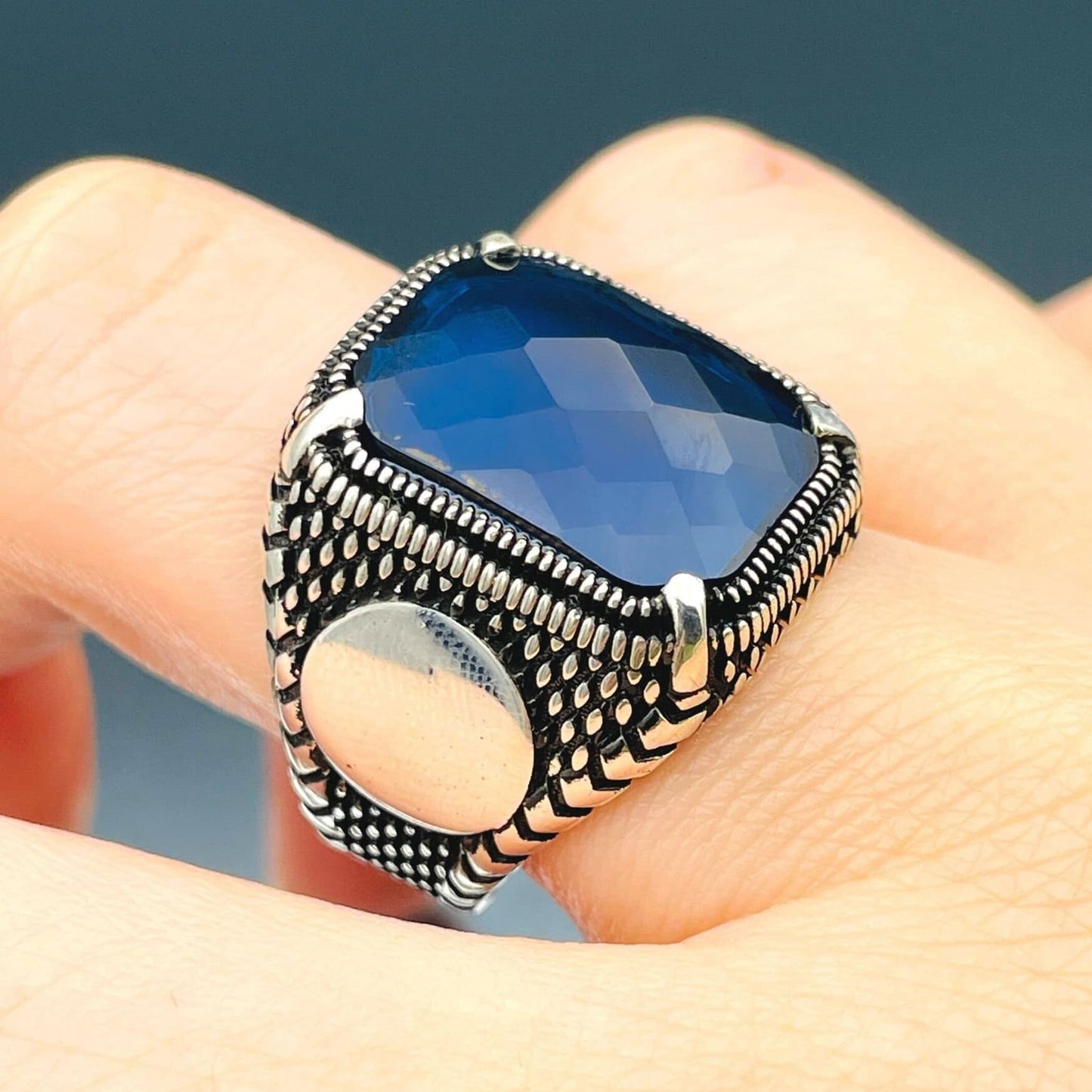 Zircon Ring Men, Blue Squared Stone Ring, Turkish Handmade Ring, 925k Sterling Silver Ring, Ottoman Stlye Ring, Mens Jewelry, Gift for Him