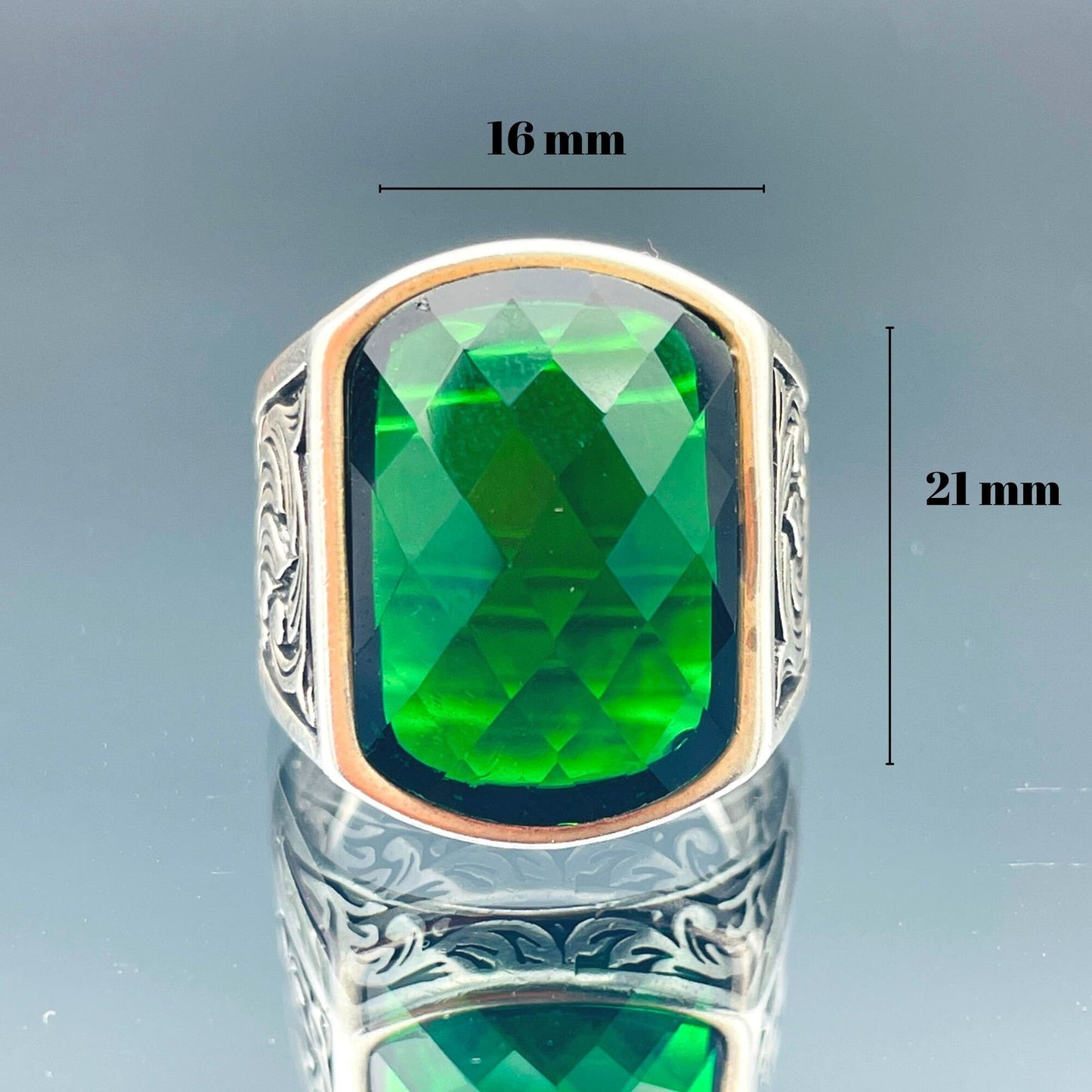 Mens Green Zircon Stone Silver Ring, Square Emerald Stone Ring, Ottoman Style Ring, Turkish Handmade Ring, 925 Sterling Silver,Husband Gifts