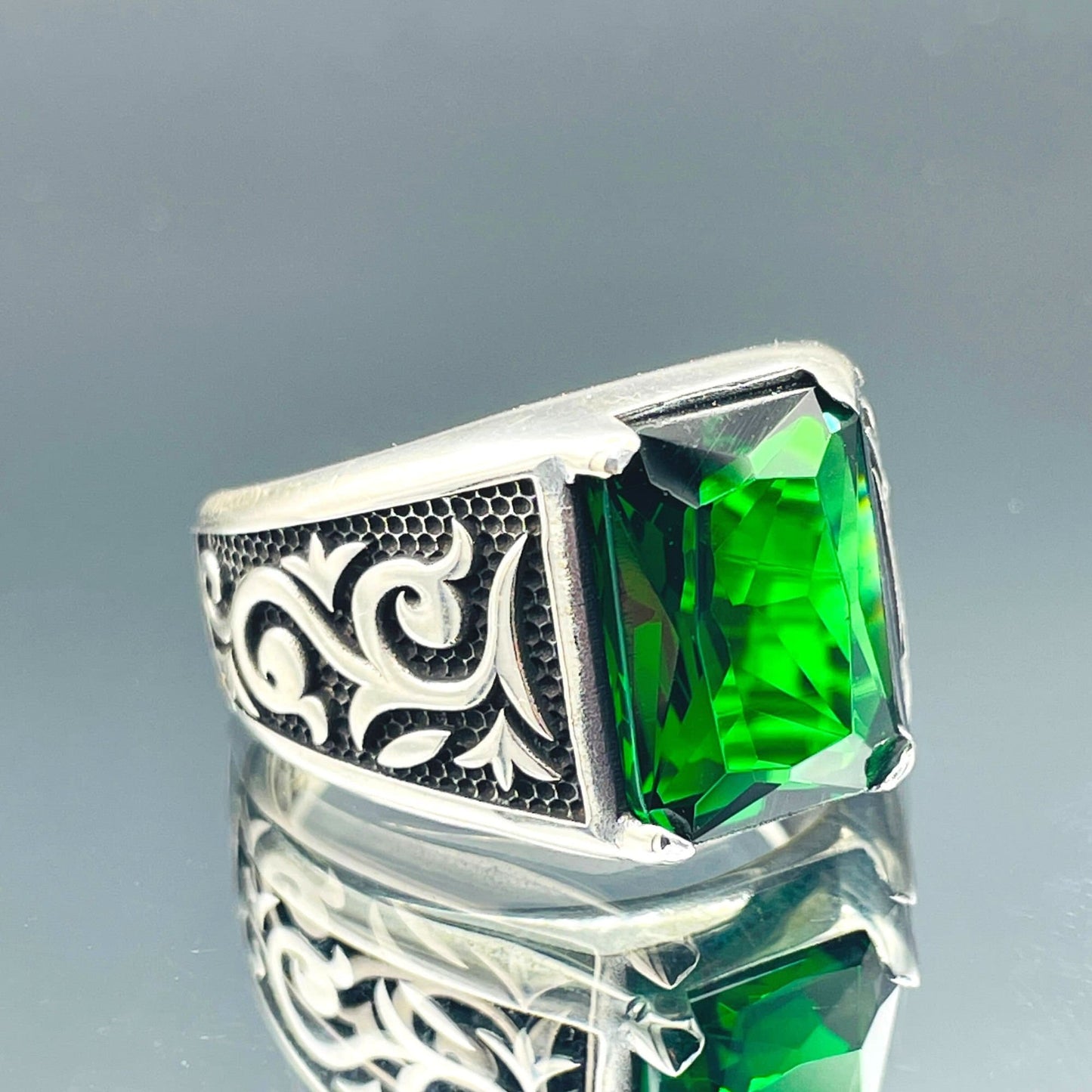 Mens Green Emerald Square Stone Ring, Turkish Handmade Ring, 925 Sterling Silver Ring, Ottoman Style Ring, Mens Jewelry, Gift For Him