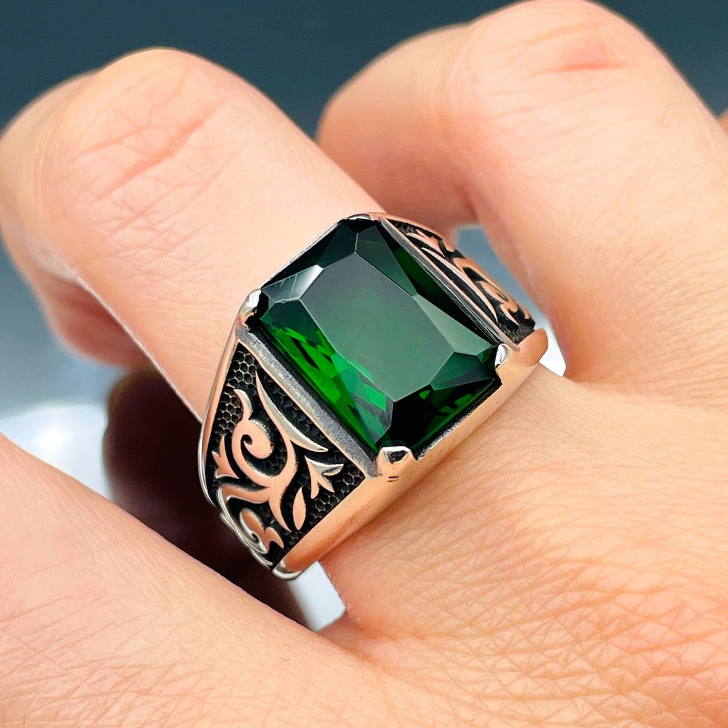 Mens Green Emerald Square Stone Ring, Turkish Handmade Ring, 925 Sterling Silver Ring, Ottoman Style Ring, Mens Jewelry, Gift For Him