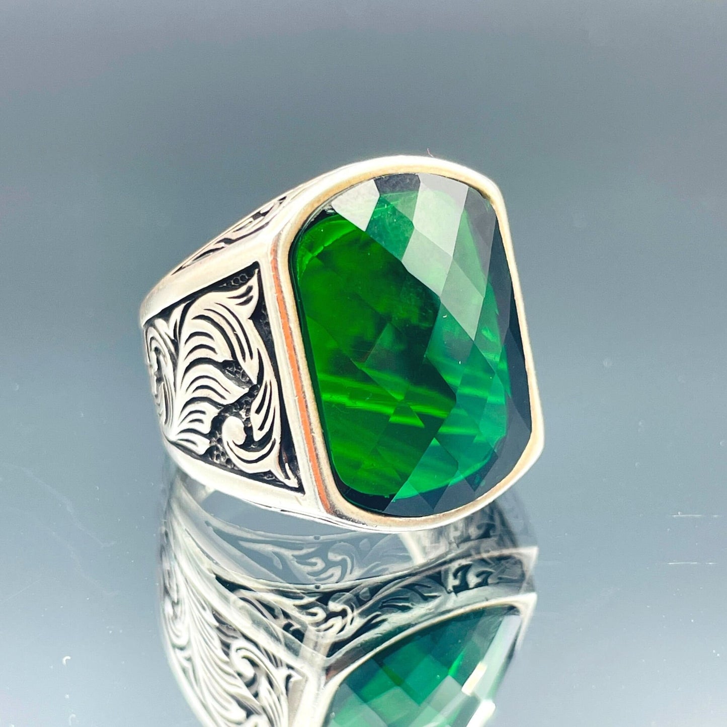 Mens Green Zircon Stone Silver Ring, Square Emerald Stone Ring, Ottoman Style Ring, Turkish Handmade Ring, 925 Sterling Silver,Husband Gifts