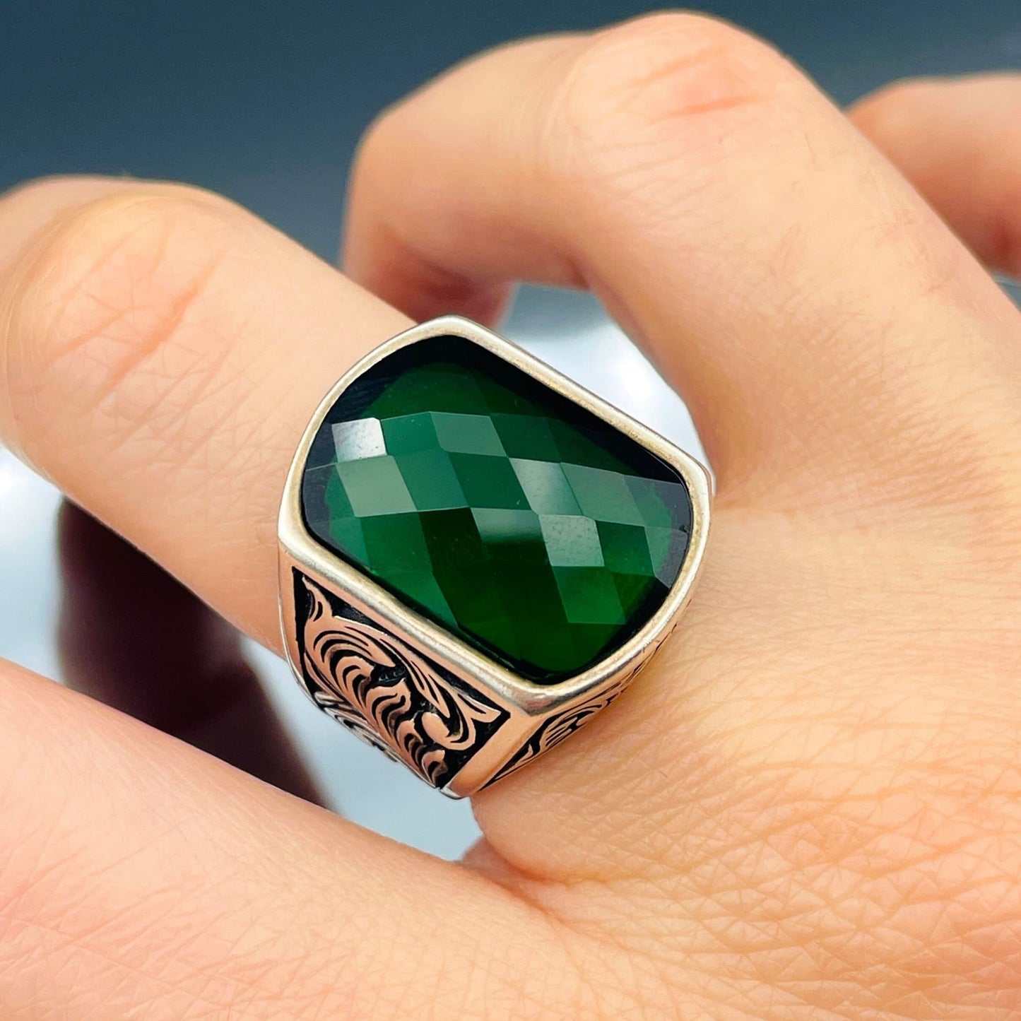 Mens Green Zircon Stone Silver Ring, Square Emerald Stone Ring, Ottoman Style Ring, Turkish Handmade Ring, 925 Sterling Silver,Husband Gifts