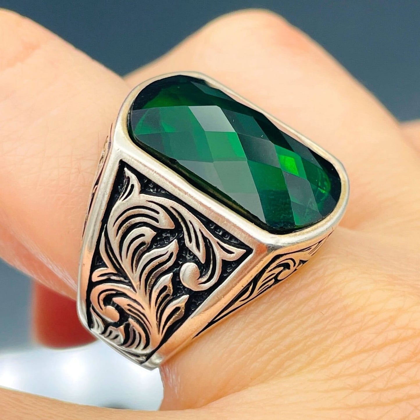 Mens Green Zircon Stone Silver Ring, Square Emerald Stone Ring, Ottoman Style Ring, Turkish Handmade Ring, 925 Sterling Silver,Husband Gifts