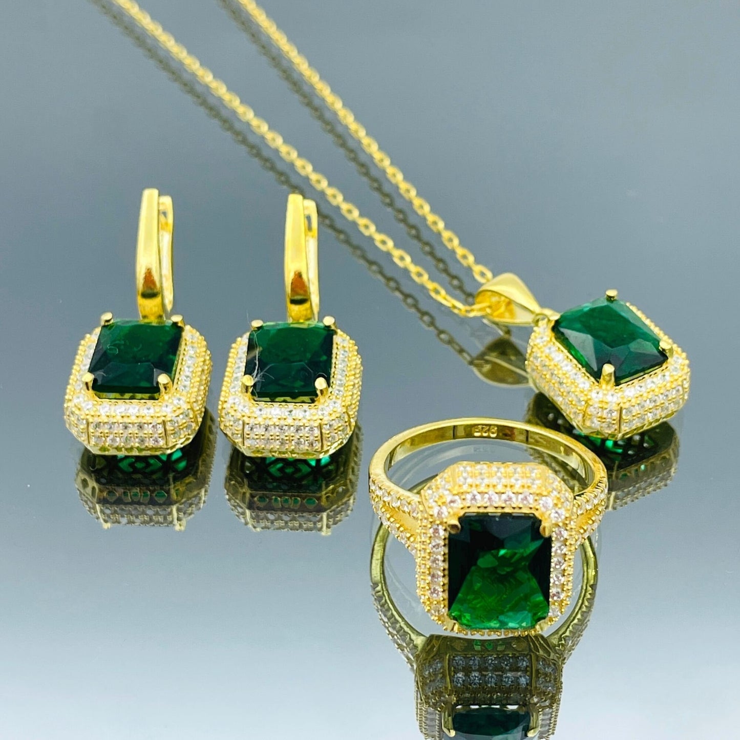 Green Emerald Stone Silver Set Women's, 925 Sterling Silver, Handmade Silver Women's Set, Ladies Emerald Set, Gold Plated Set, Mom Gift