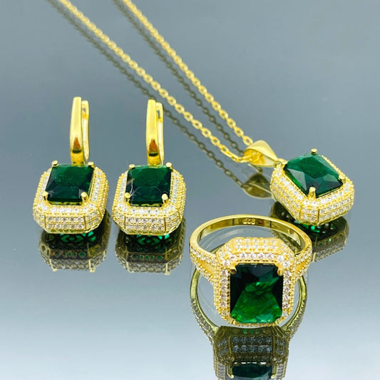 Green Emerald Stone Silver Set Women's, 925 Sterling Silver, Handmade Silver Women's Set, Ladies Emerald Set, Gold Plated Set, Mom Gift