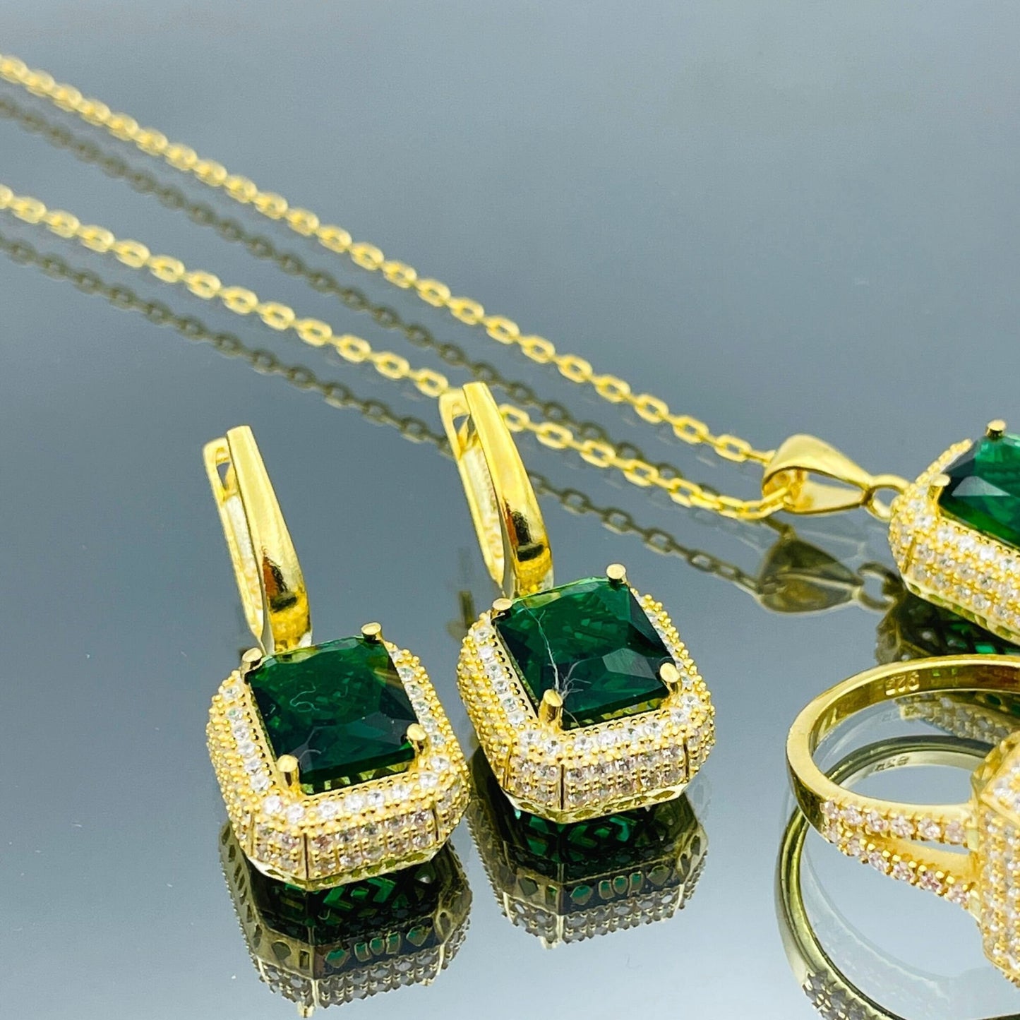 Green Emerald Stone Silver Set Women's, 925 Sterling Silver, Handmade Silver Women's Set, Ladies Emerald Set, Gold Plated Set, Mom Gift