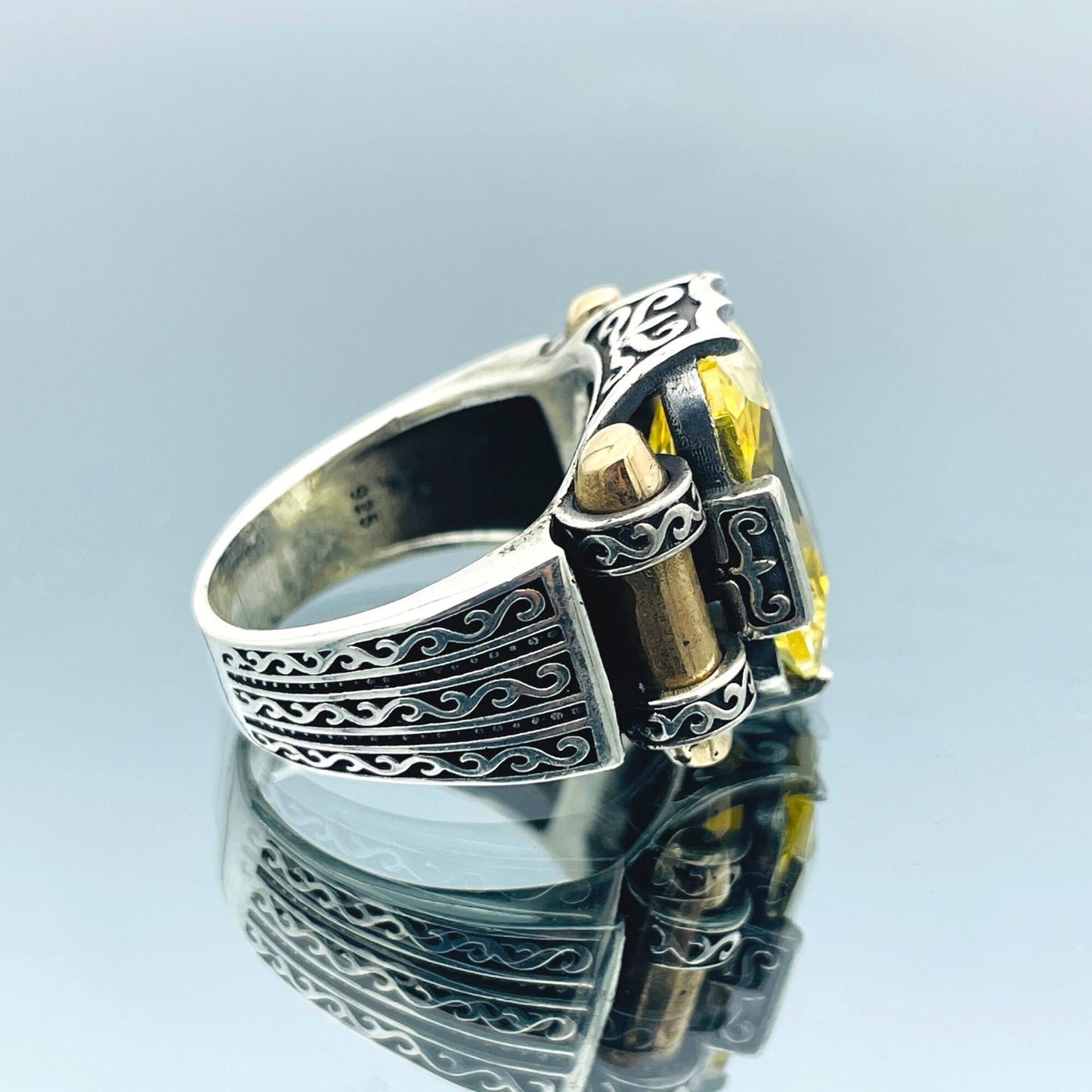 Yellow Citrine Stone Men's Silver Ring, Handmade Ottoman Style Turkish Ring, 925 Sterling Silver And Square Cut Stone Men Ring, Gift For Him