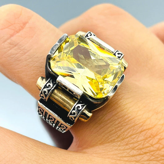 Yellow Citrine Stone Men's Silver Ring, Handmade Ottoman Style Turkish Ring, 925 Sterling Silver And Square Cut Stone Men Ring, Gift For Him