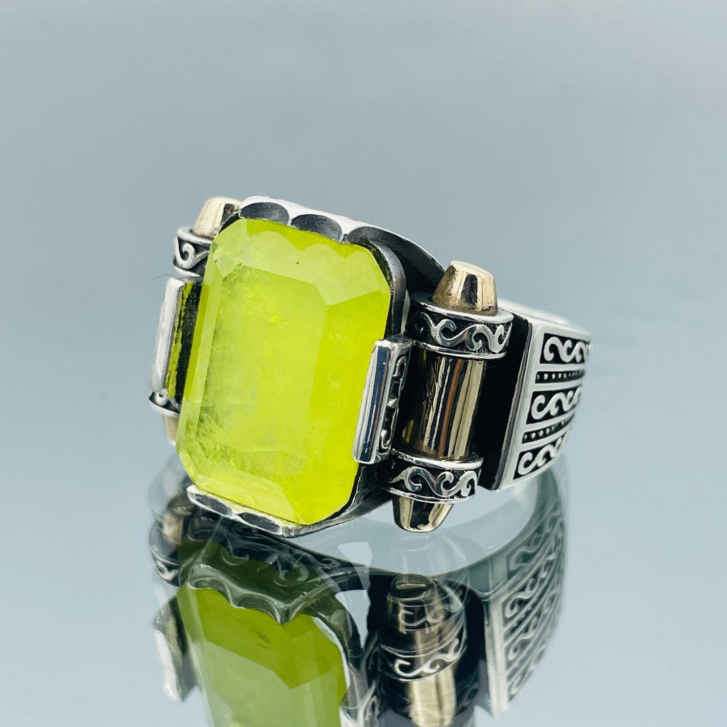 Yellow Tourmaline Stone Men's Silver Ring, Handmade Ottoman Style Turkish Ring, 925 Sterling Silver And Square Cut Stone Men Ring, Gift Ring