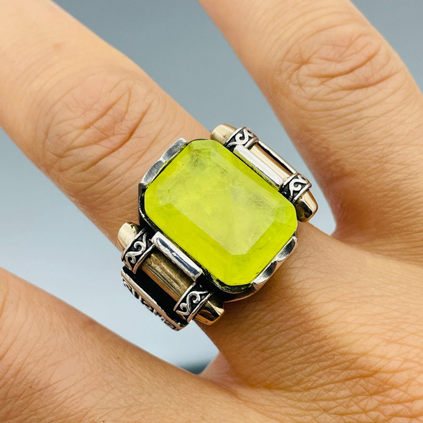 Yellow Tourmaline Stone Men's Silver Ring, Handmade Ottoman Style Turkish Ring, 925 Sterling Silver And Square Cut Stone Men Ring, Gift Ring