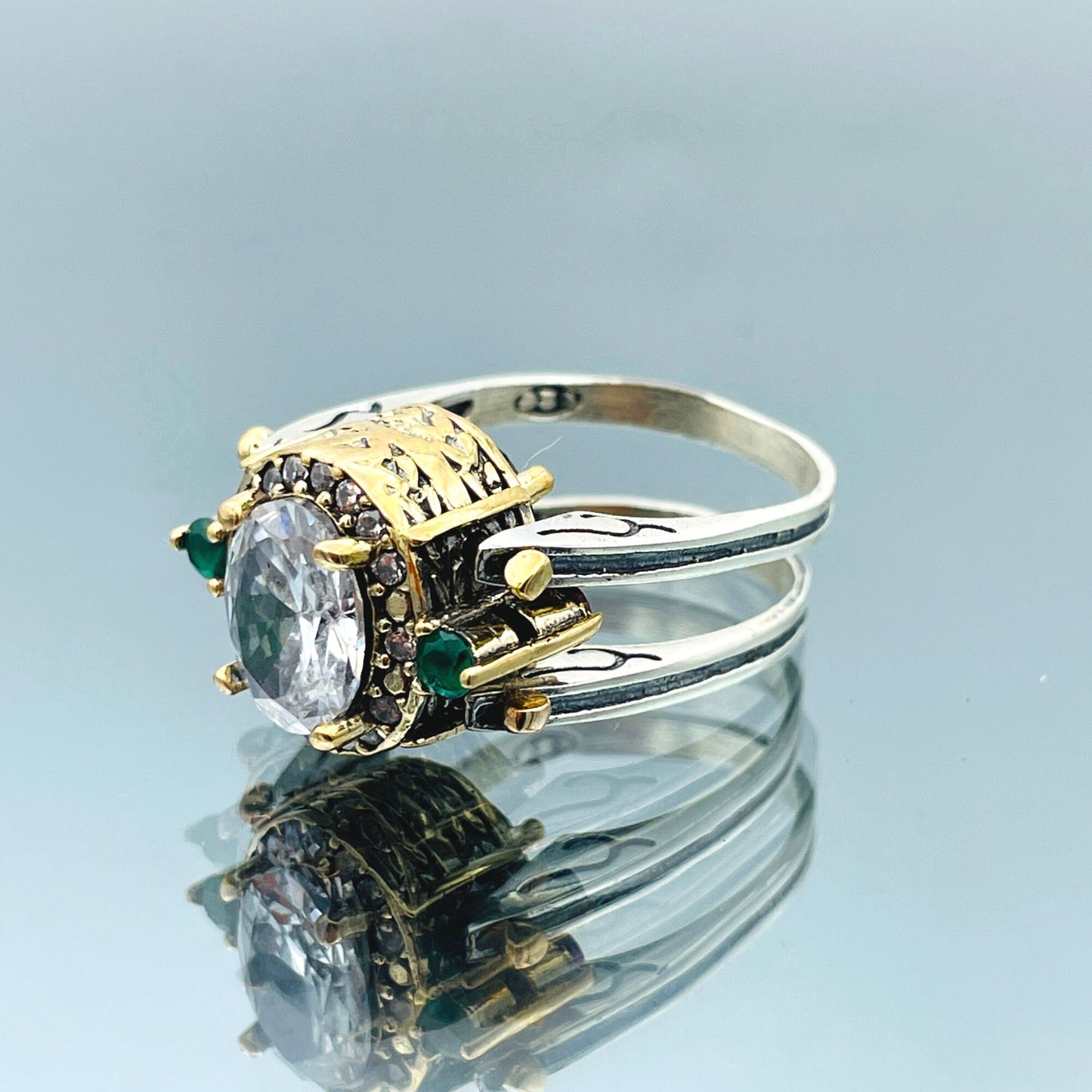 Two Rings in One, Emerald and Zircon Stone Women's Sterling Silver Ring, Silver Handmade Ladies Ring, Womens Jewelry, Authentic Ring