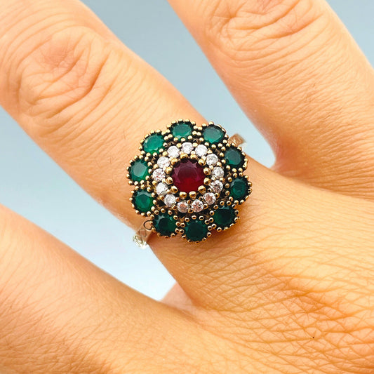 Emerald Ring Women, Flower Model Multi-Stone Hürrem Ring, Vintage Ladies Silver Ring, Handmade Ring, Authentic Ring, Gift for Women Ring