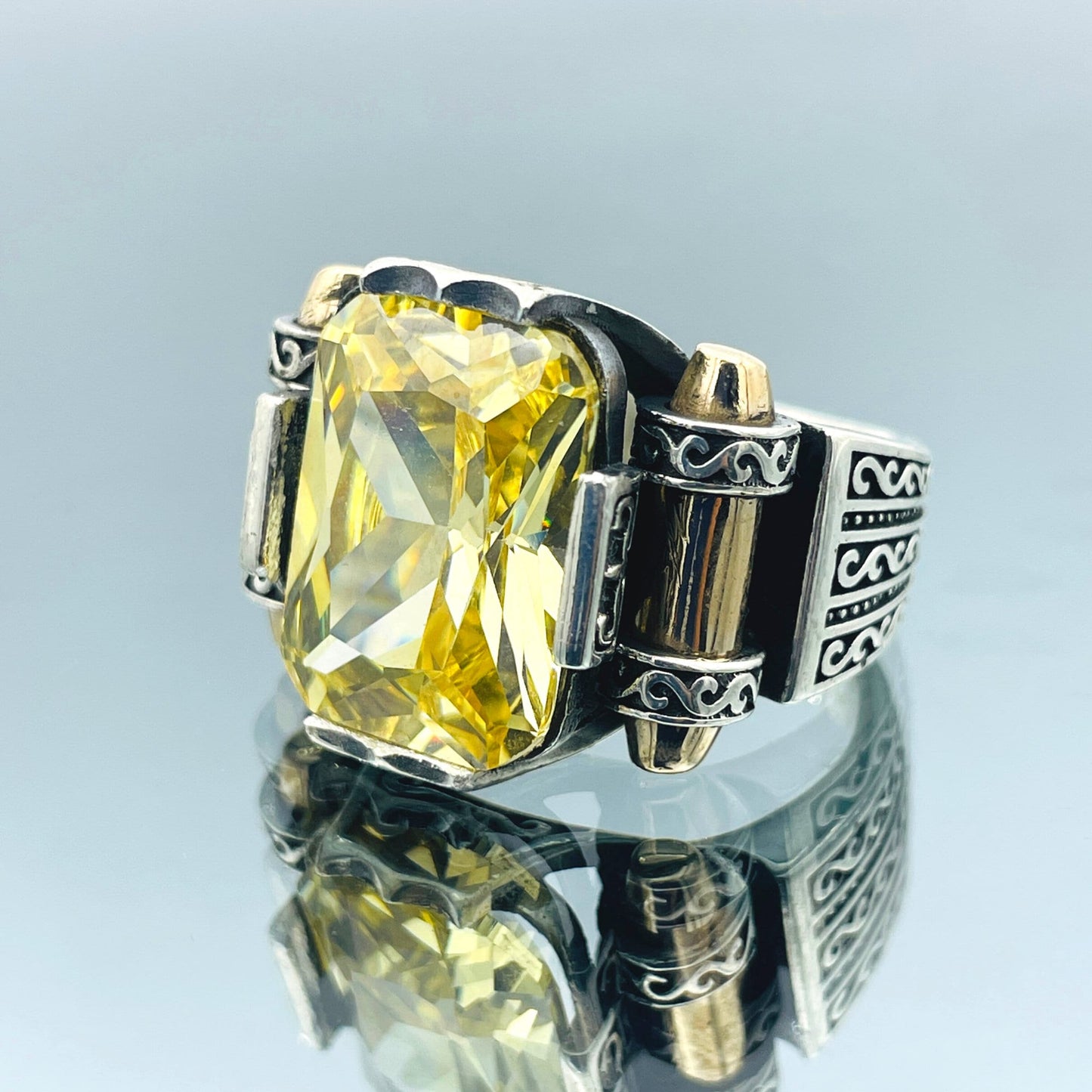 Yellow Citrine Stone Men's Silver Ring, Handmade Ottoman Style Turkish Ring, 925 Sterling Silver And Square Cut Stone Men Ring, Gift For Him