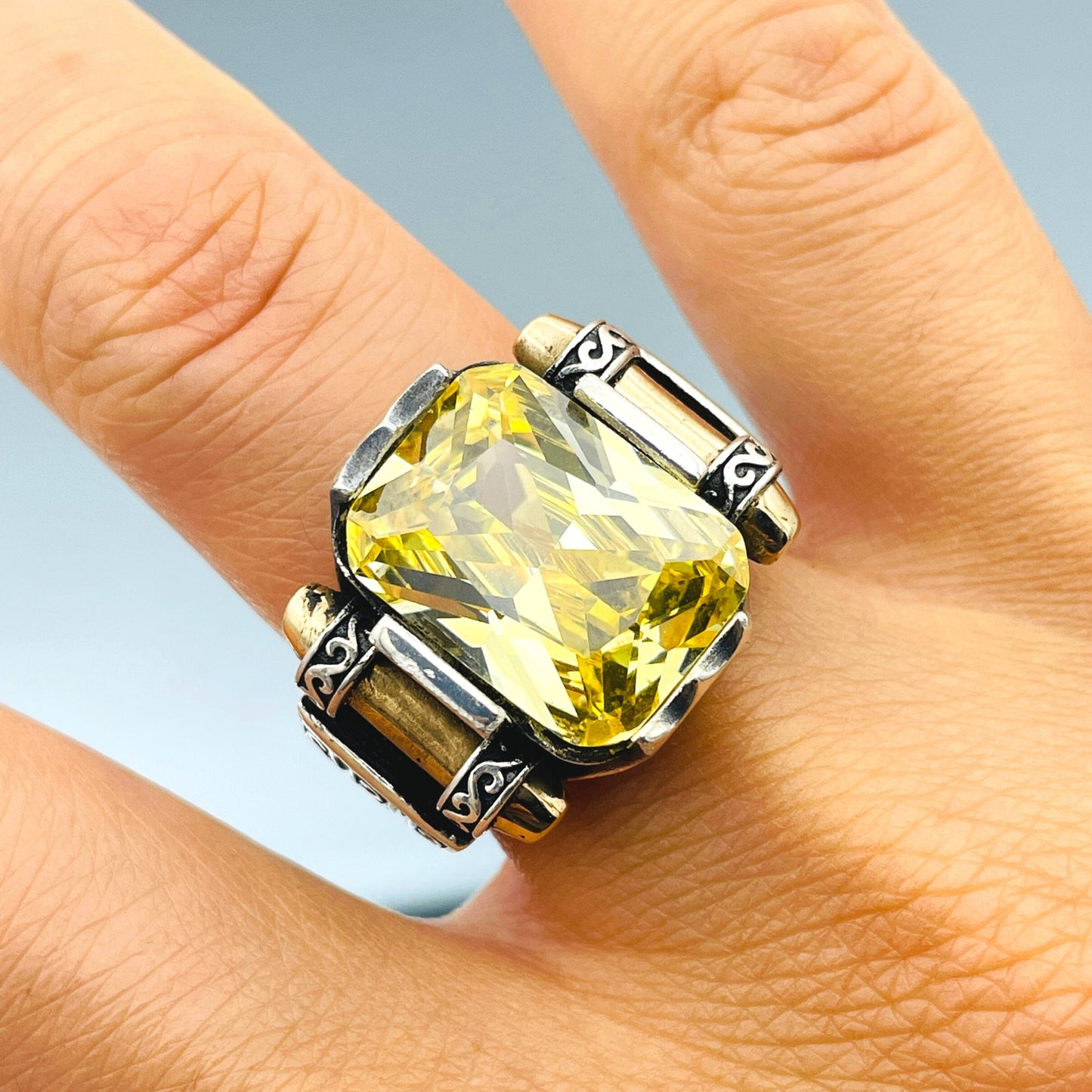 Yellow Citrine Stone Men's Silver Ring, Handmade Ottoman Style Turkish Ring, 925 Sterling Silver And Square Cut Stone Men Ring, Gift For Him