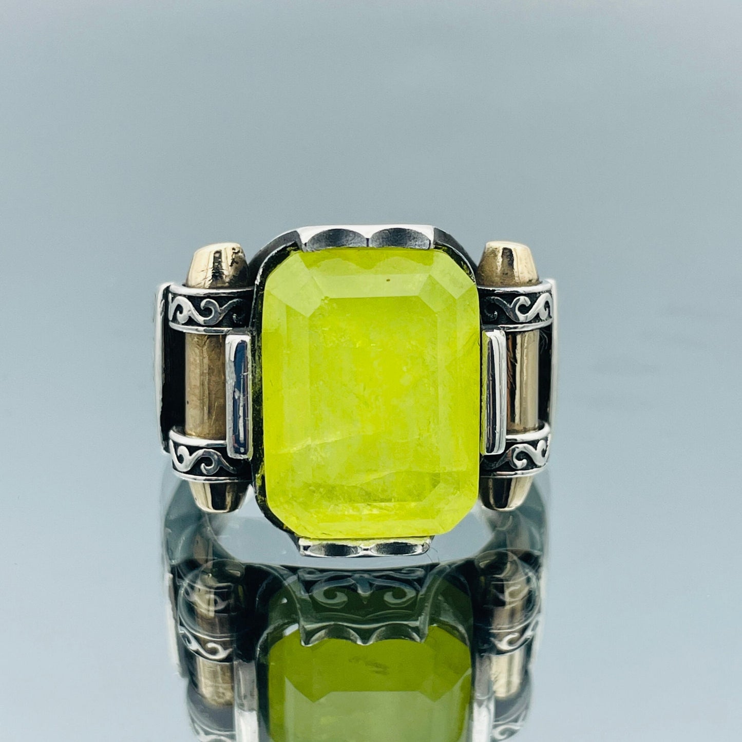 Yellow Tourmaline Stone Men's Silver Ring, Handmade Ottoman Style Turkish Ring, 925 Sterling Silver And Square Cut Stone Men Ring, Gift Ring