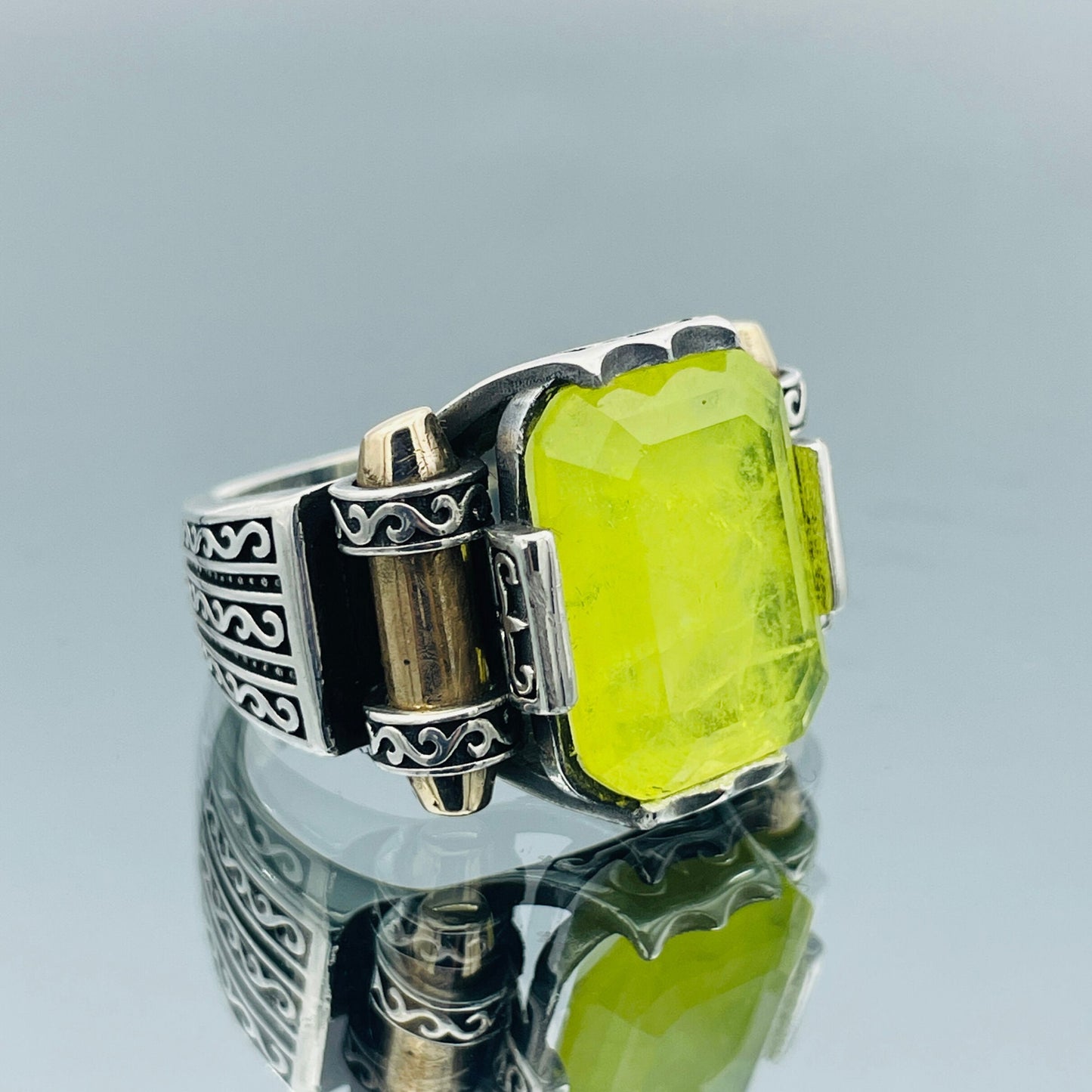 Yellow Tourmaline Stone Men's Silver Ring, Handmade Ottoman Style Turkish Ring, 925 Sterling Silver And Square Cut Stone Men Ring, Gift Ring