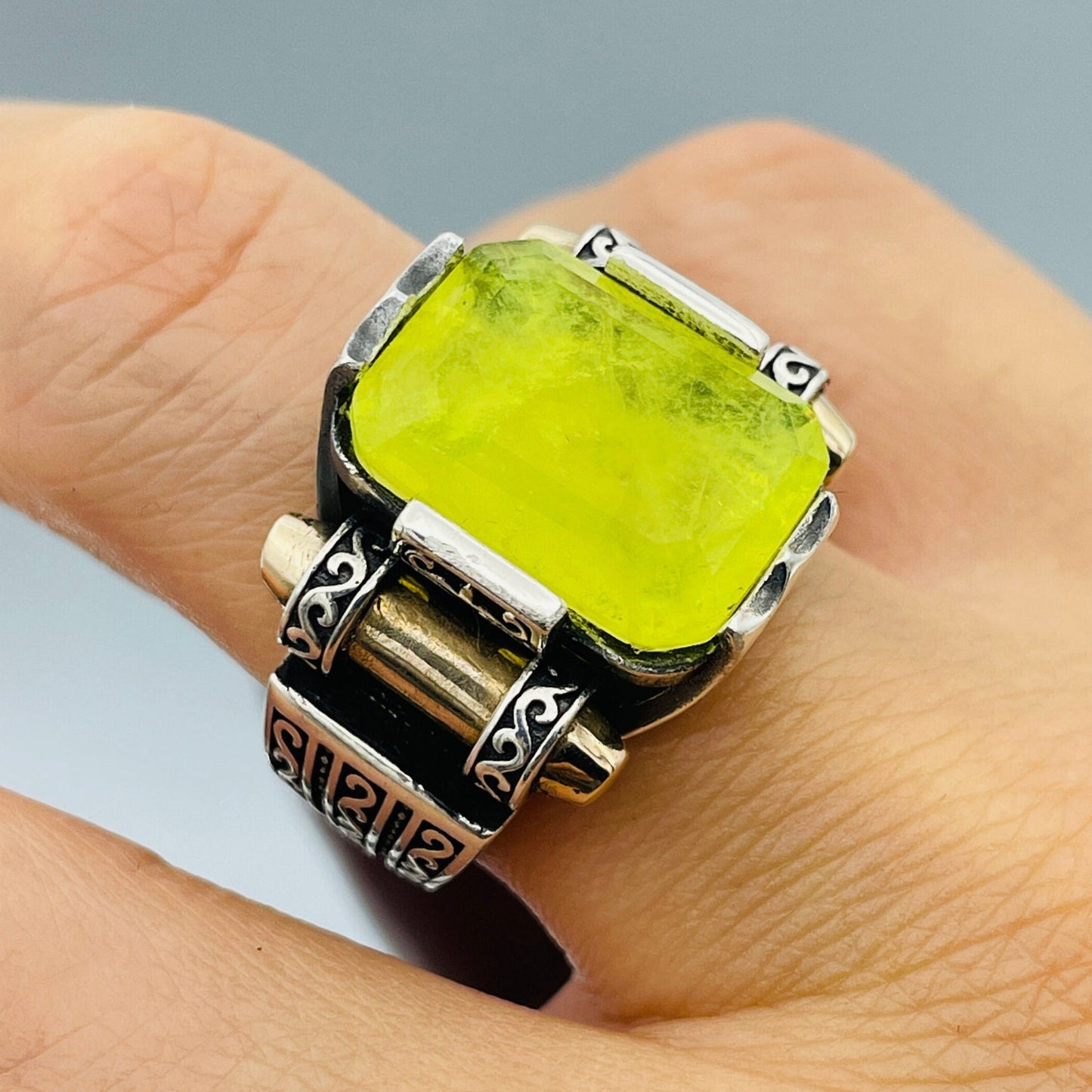 Yellow Tourmaline Stone Men's Silver Ring, Handmade Ottoman Style Turkish Ring, 925 Sterling Silver And Square Cut Stone Men Ring, Gift Ring