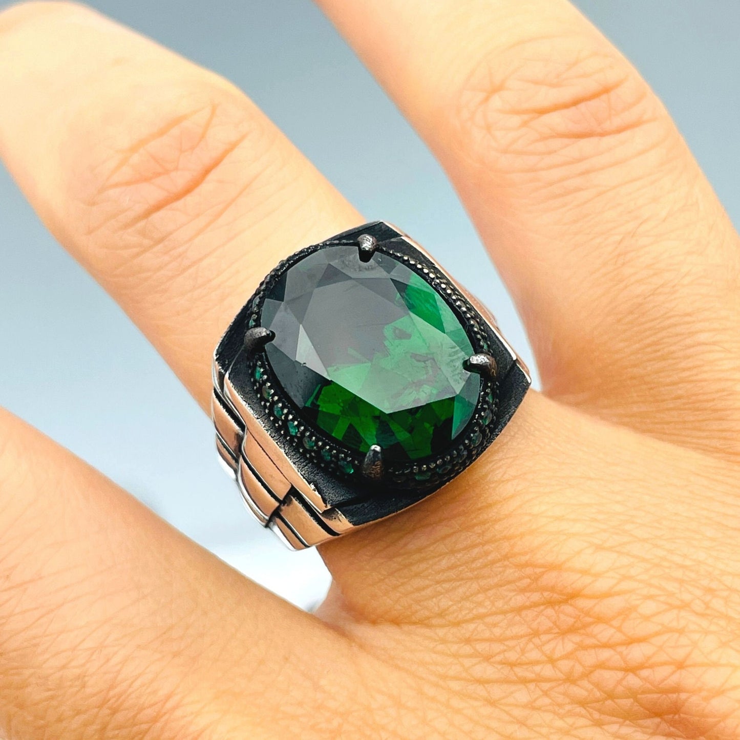 Men's Green Emerald Stone Ring, Turkish Handmade Ring, Oval Shap Stone Ring, Mens Jewelry, Elagant Ring, 925 Sterling Silver, Gifts Ring