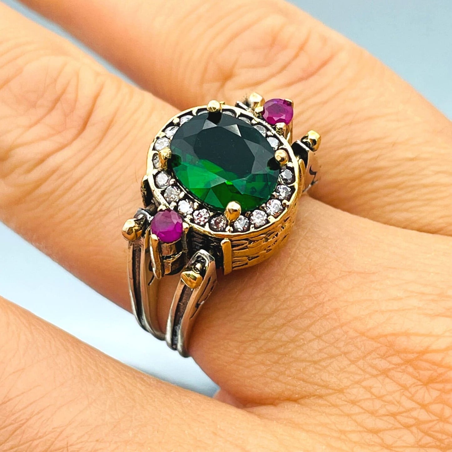 Two Rings in One, Emerald and Zircon Stone Women's Sterling Silver Ring, Silver Handmade Ladies Ring, Womens Jewelry, Authentic Ring