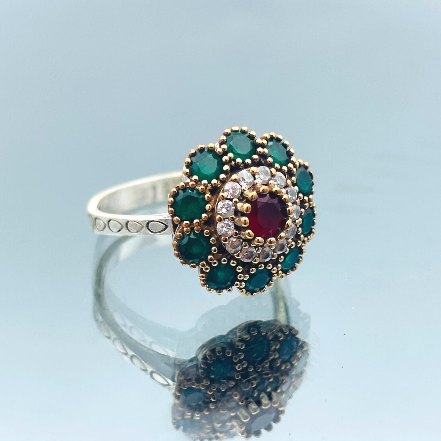 Emerald Ring Women, Flower Model Multi-Stone Hürrem Ring, Vintage Ladies Silver Ring, Handmade Ring, Authentic Ring, Gift for Women Ring