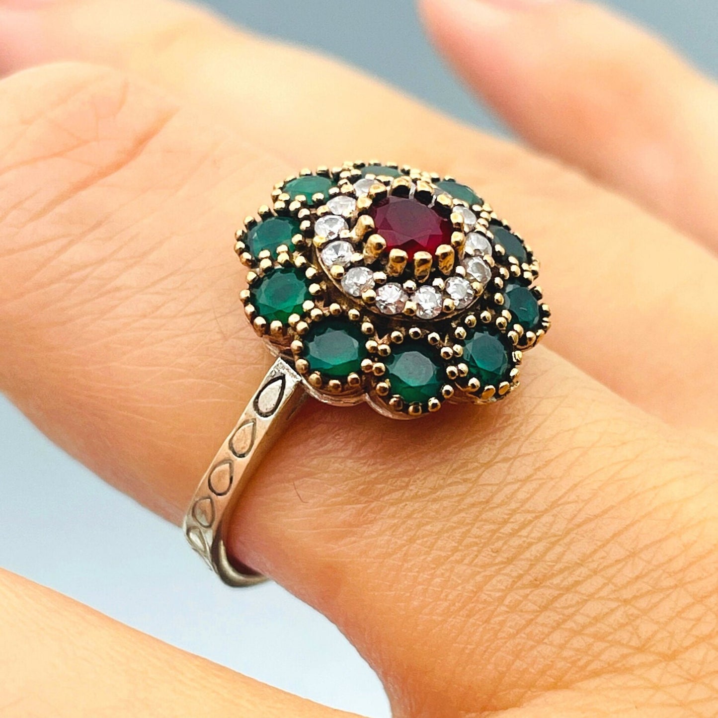 Emerald Ring Women, Flower Model Multi-Stone Hürrem Ring, Vintage Ladies Silver Ring, Handmade Ring, Authentic Ring, Gift for Women Ring