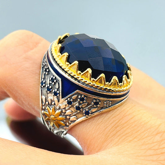 Zircon Ring Men, Ottoman Style Ring, Turkish Handmade Ring, Oval Cut Blue Stone Ring, Mens Jewelry, 925 Sterling Silver, Christmas Gift