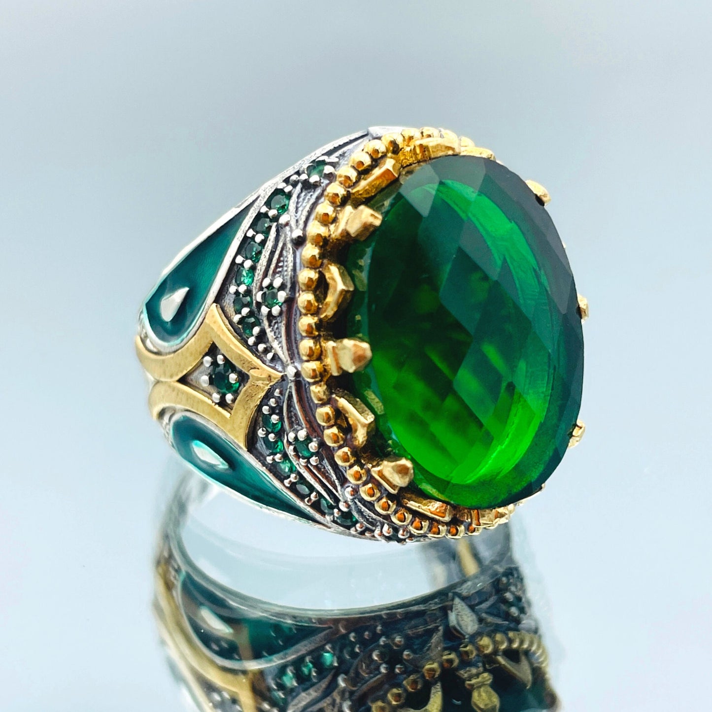 Zircon Ring Men, Ottoman Style Ring, Turkish Handmade Ring, Oval Cut Green Stone Ring, Mens Jewelry, 925 Sterling Silver, Christmas Gift