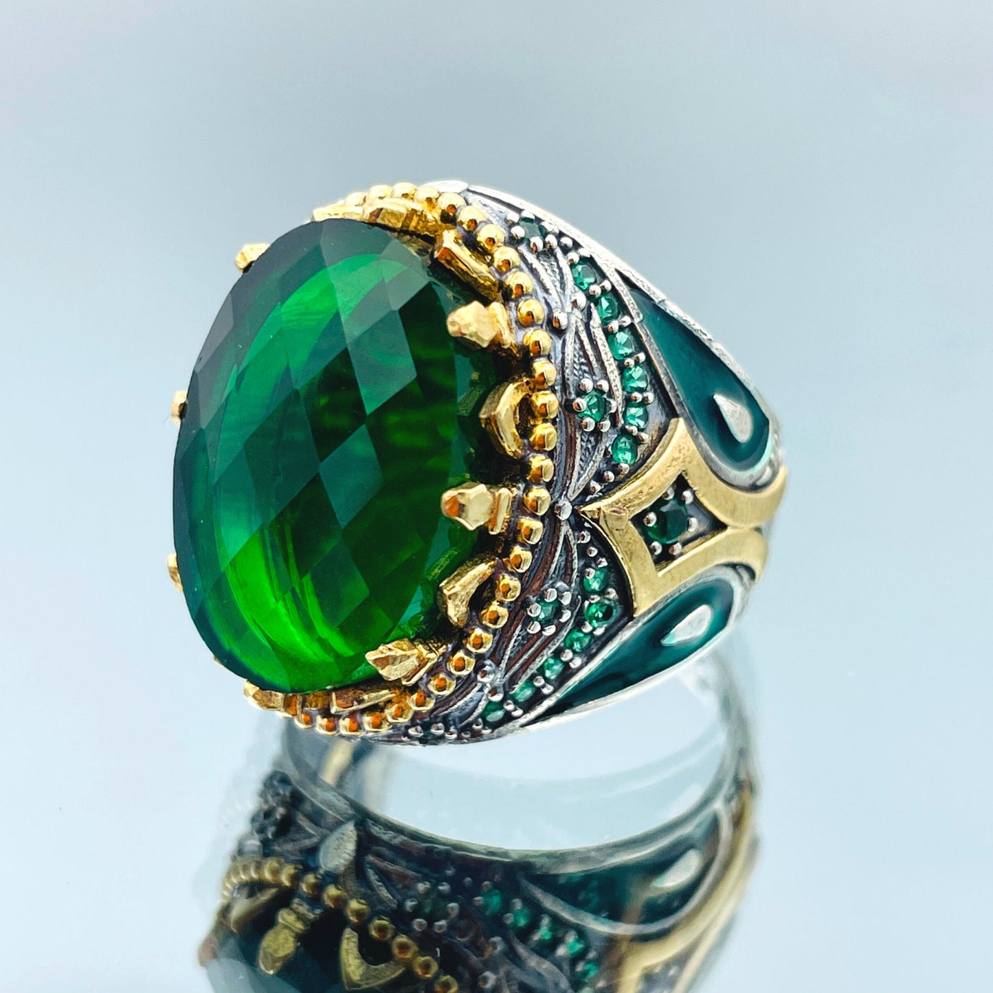 Zircon Ring Men, Ottoman Style Ring, Turkish Handmade Ring, Oval Cut Green Stone Ring, Mens Jewelry, 925 Sterling Silver, Christmas Gift