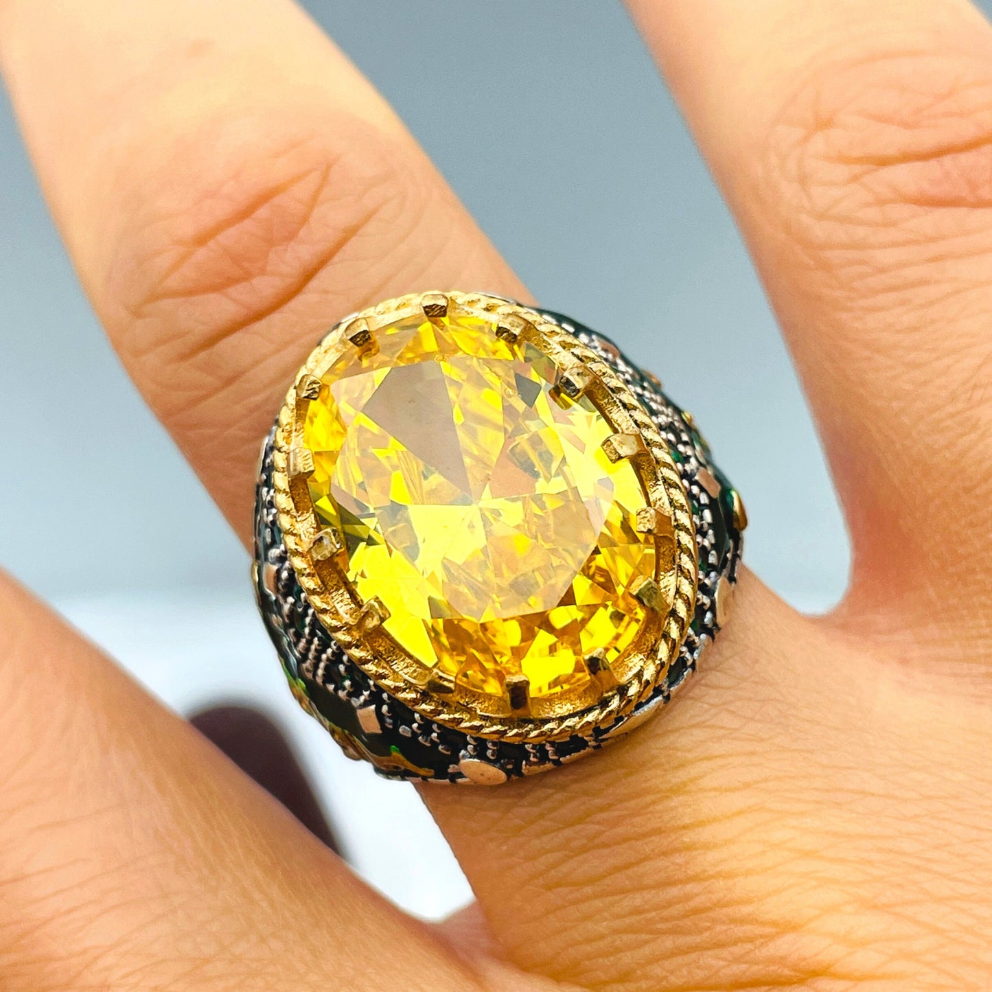 Yellow Citrine Stone Ring Men, Ottoman Style Ring, Turkish Handmade Ring, Oval Stone Ring, Mens Jewelry, 925 Sterling Silver, Christmas Gift