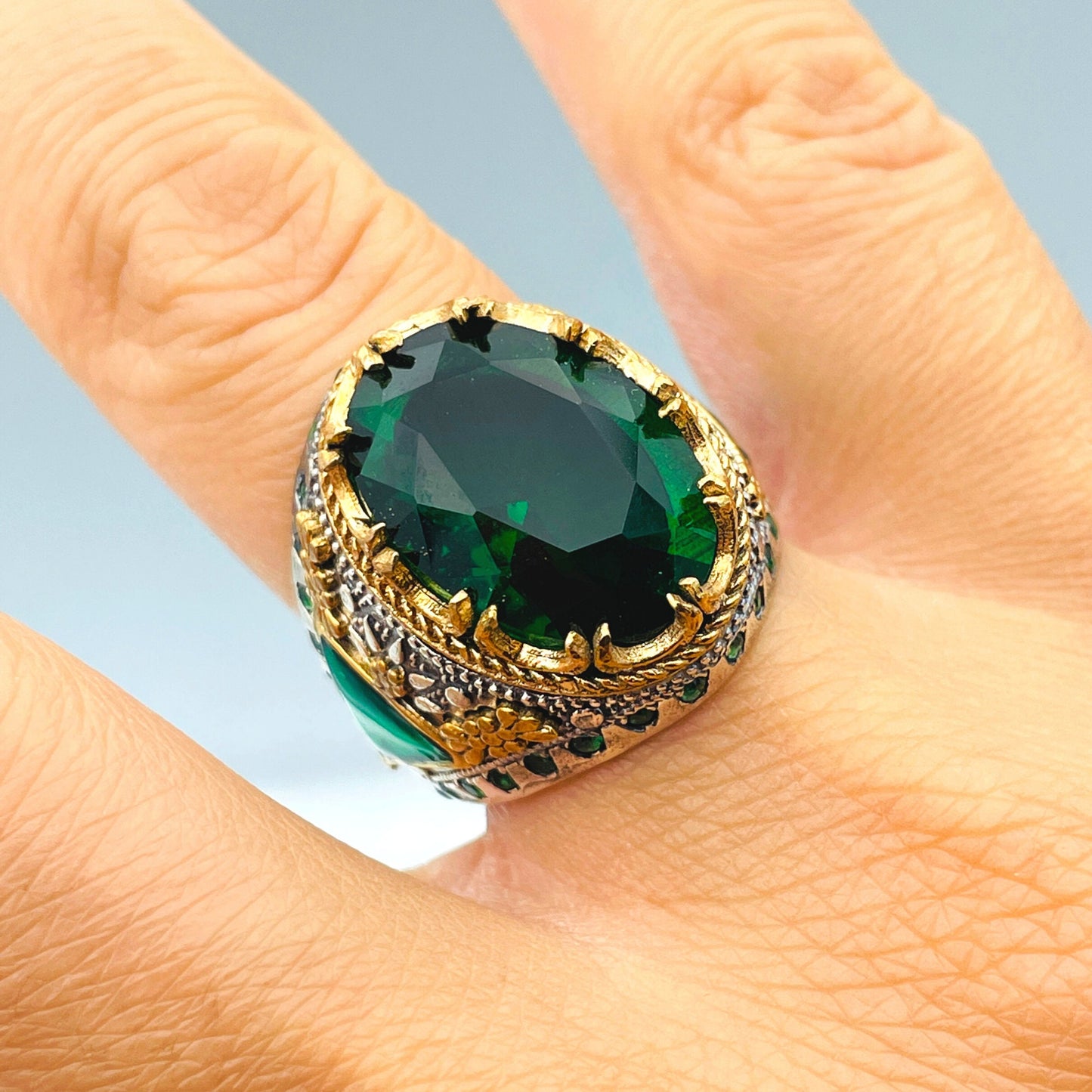 Emerald Ring Men, Ottoman Style Ring, Turkish Handmade Ring, Oval Cut Green Stone Ring, Mens Jewelry, 925 Sterling Silver, Christmas Gift