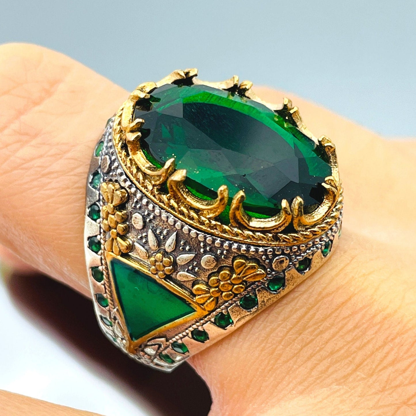 Emerald Ring Men, Ottoman Style Ring, Turkish Handmade Ring, Oval Cut Green Stone Ring, Mens Jewelry, 925 Sterling Silver, Christmas Gift