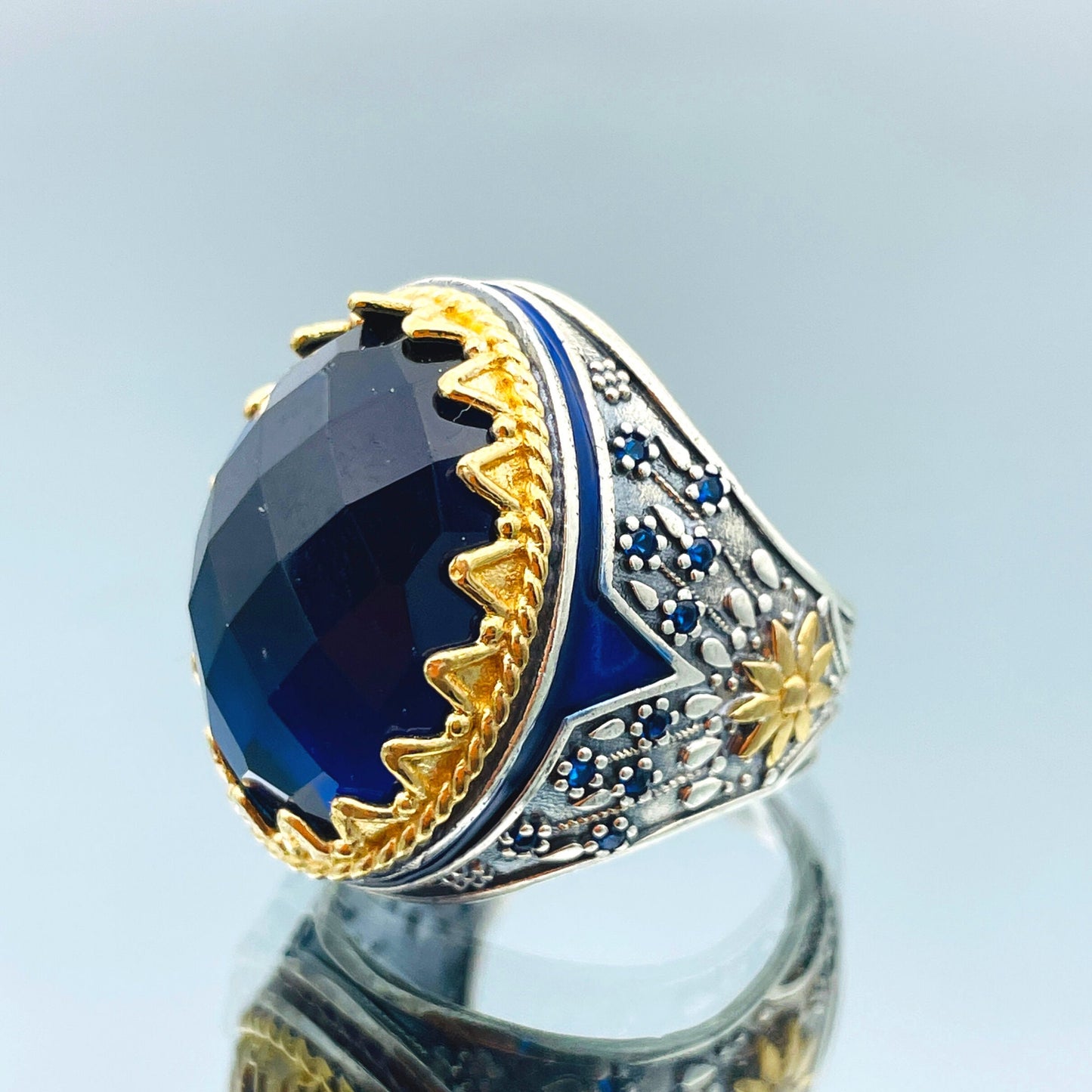 Zircon Ring Men, Ottoman Style Ring, Turkish Handmade Ring, Oval Cut Blue Stone Ring, Mens Jewelry, 925 Sterling Silver, Christmas Gift