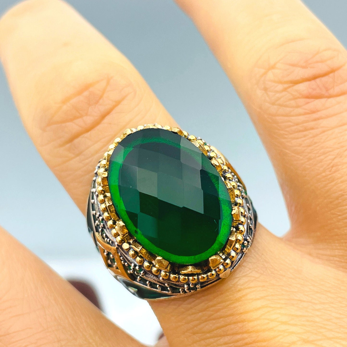 Zircon Ring Men, Ottoman Style Ring, Turkish Handmade Ring, Oval Cut Green Stone Ring, Mens Jewelry, 925 Sterling Silver, Christmas Gift