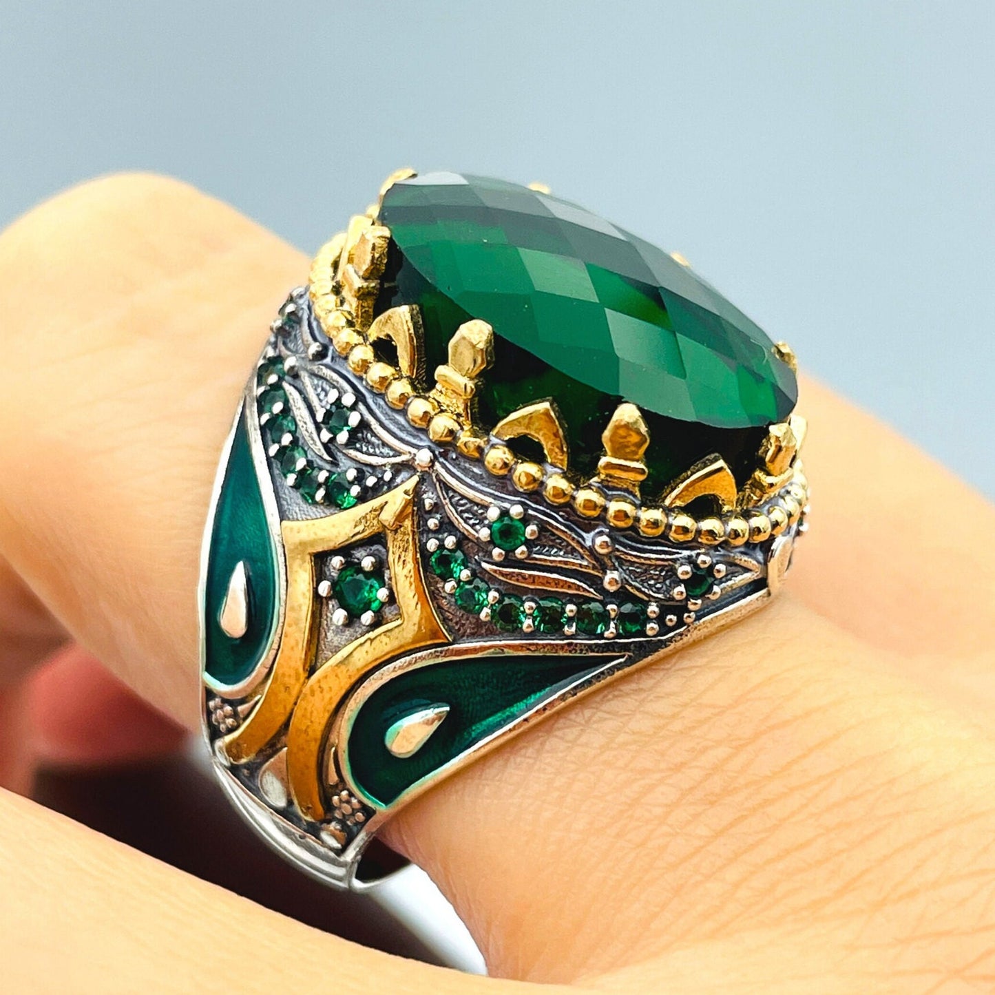 Zircon Ring Men, Ottoman Style Ring, Turkish Handmade Ring, Oval Cut Green Stone Ring, Mens Jewelry, 925 Sterling Silver, Christmas Gift