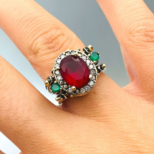 Two in a One Ring, Reversible Ring, Ottoman Style Oval Cut Red Ruby and Green Emerald 2 Band Woman Ring, Extraordinary Ring, Gift For Her