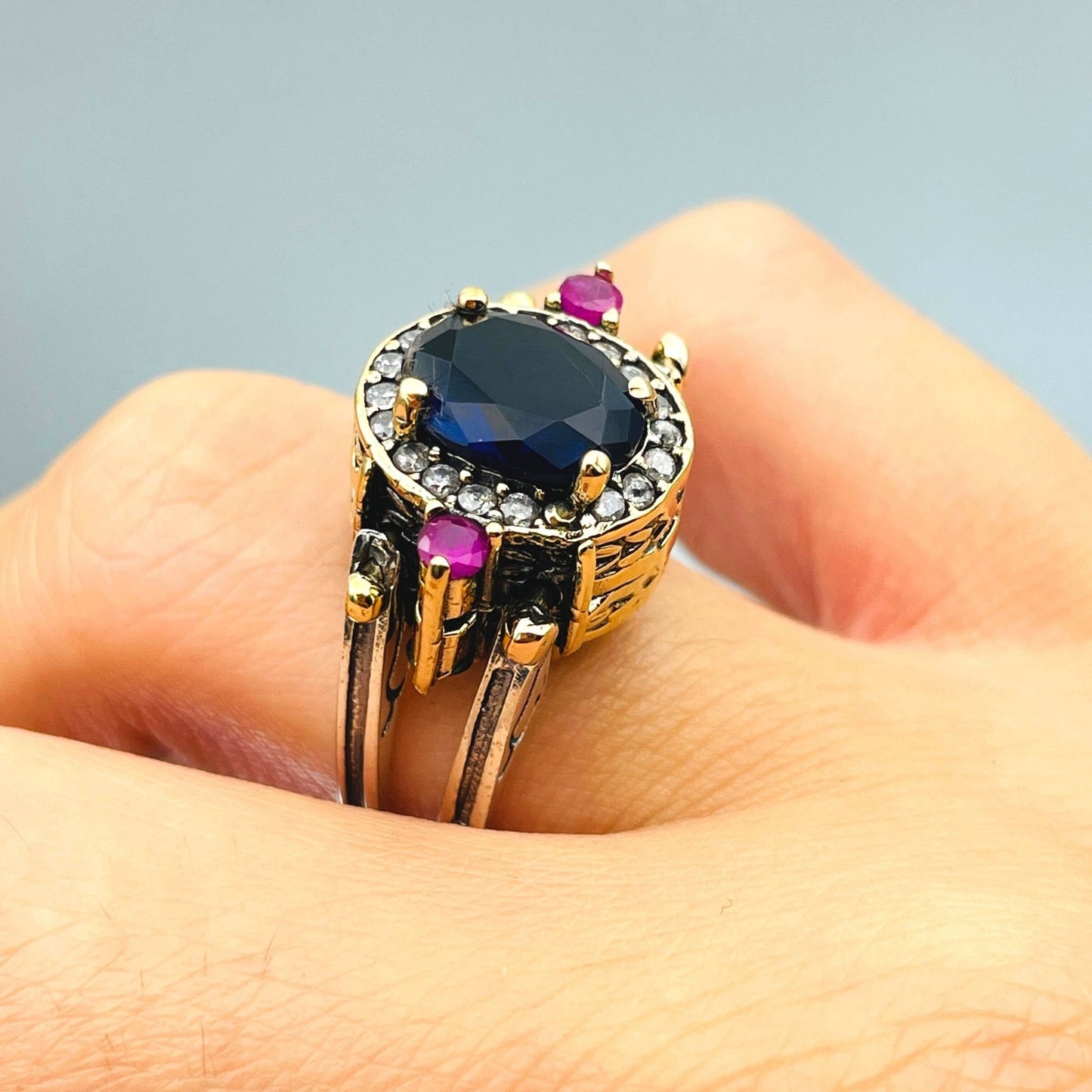 Two in a One Ring, Reversible Ring, Ottoman Style Oval Cut Colormix Alexandrite and Blue Sapphire 2 Band Woman Ring, Extraordinary Ring,