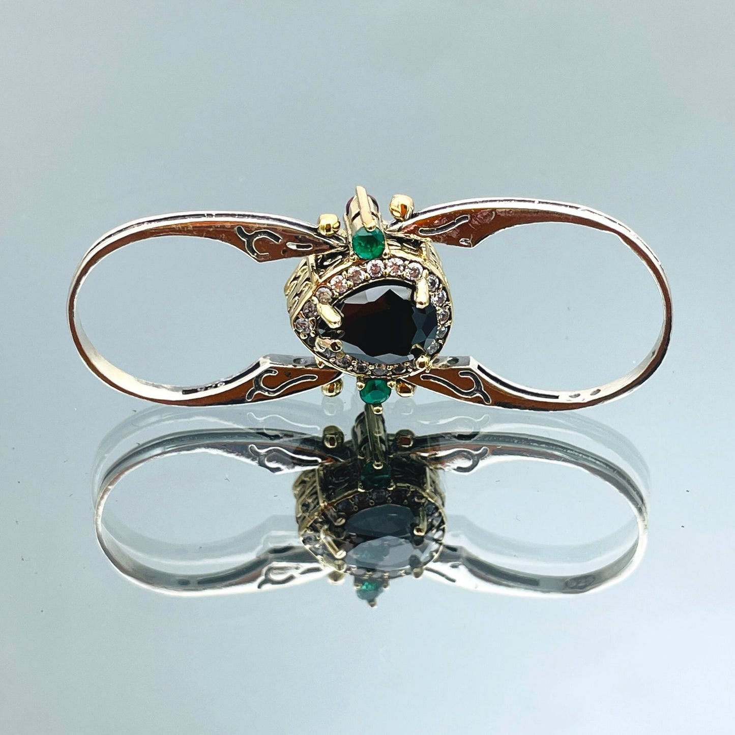 Two in a One Ring, Reversible Ring, Ottoman Style Drop Cut Green Emerald and Black Onyx 2 Band Woman Ring, Extraordinary Gift Ring