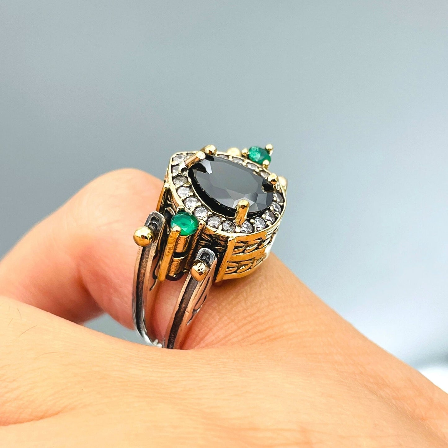 Two in a One Ring, Reversible Ring, Ottoman Style Drop Cut Green Emerald and Black Onyx 2 Band Woman Ring, Extraordinary Gift Ring