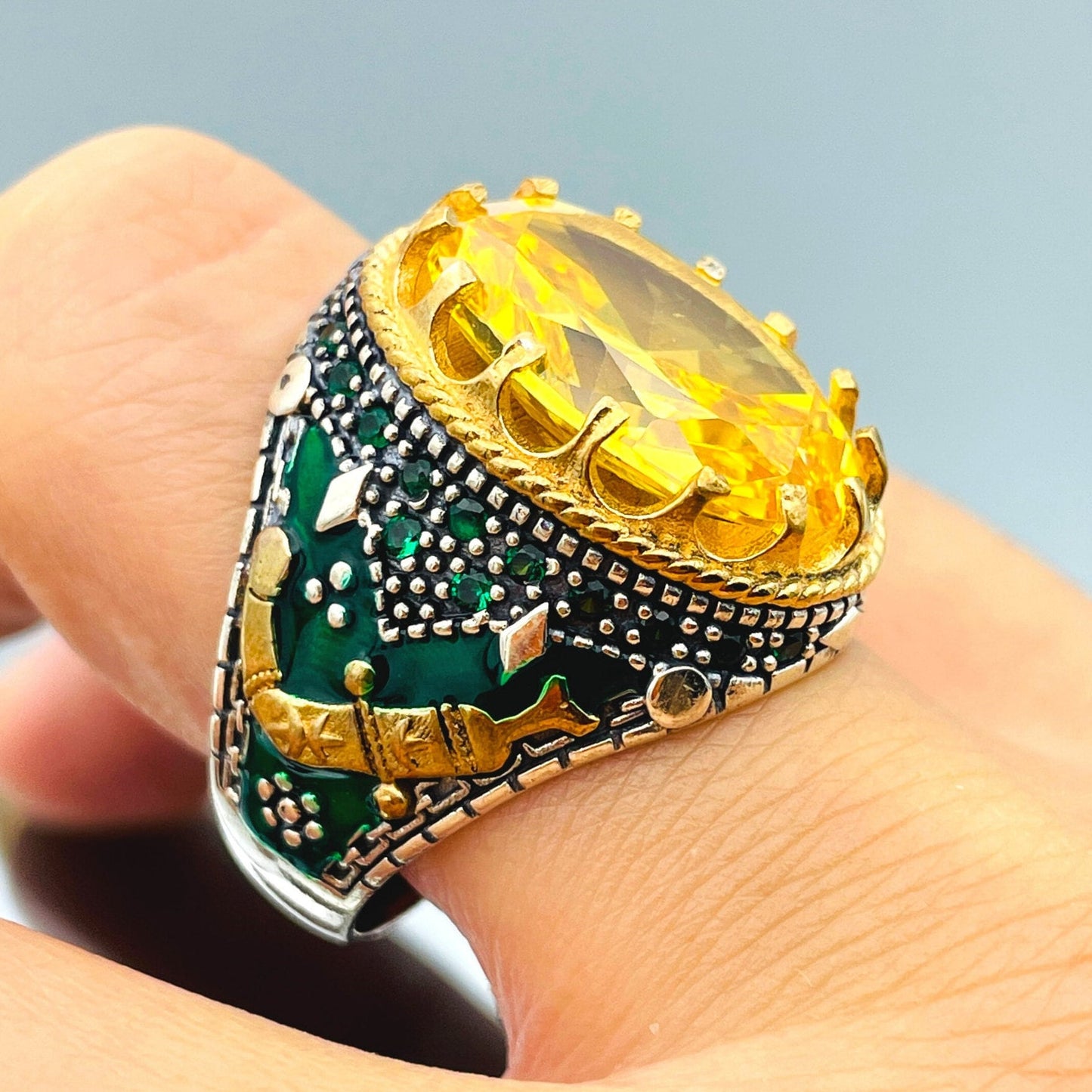 Yellow Citrine Stone Ring Men, Ottoman Style Ring, Turkish Handmade Ring, Oval Stone Ring, Mens Jewelry, 925 Sterling Silver, Christmas Gift